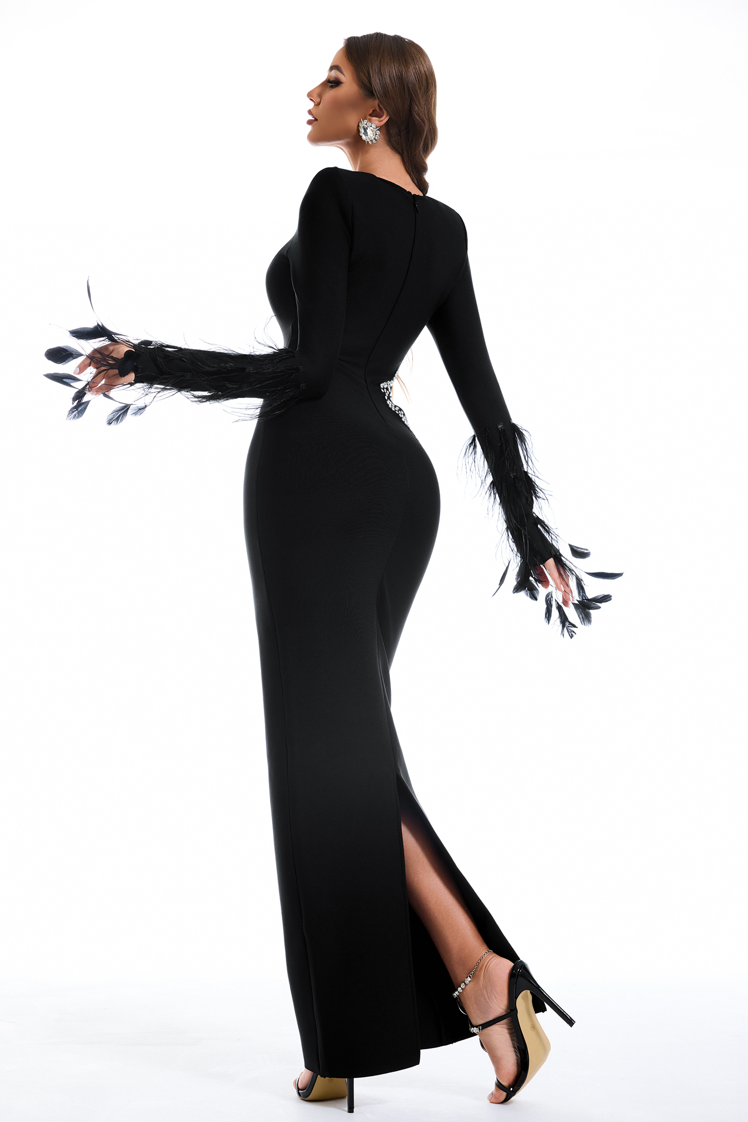 Feather Cut-Out Rhinestone Bandage Maxi Dress