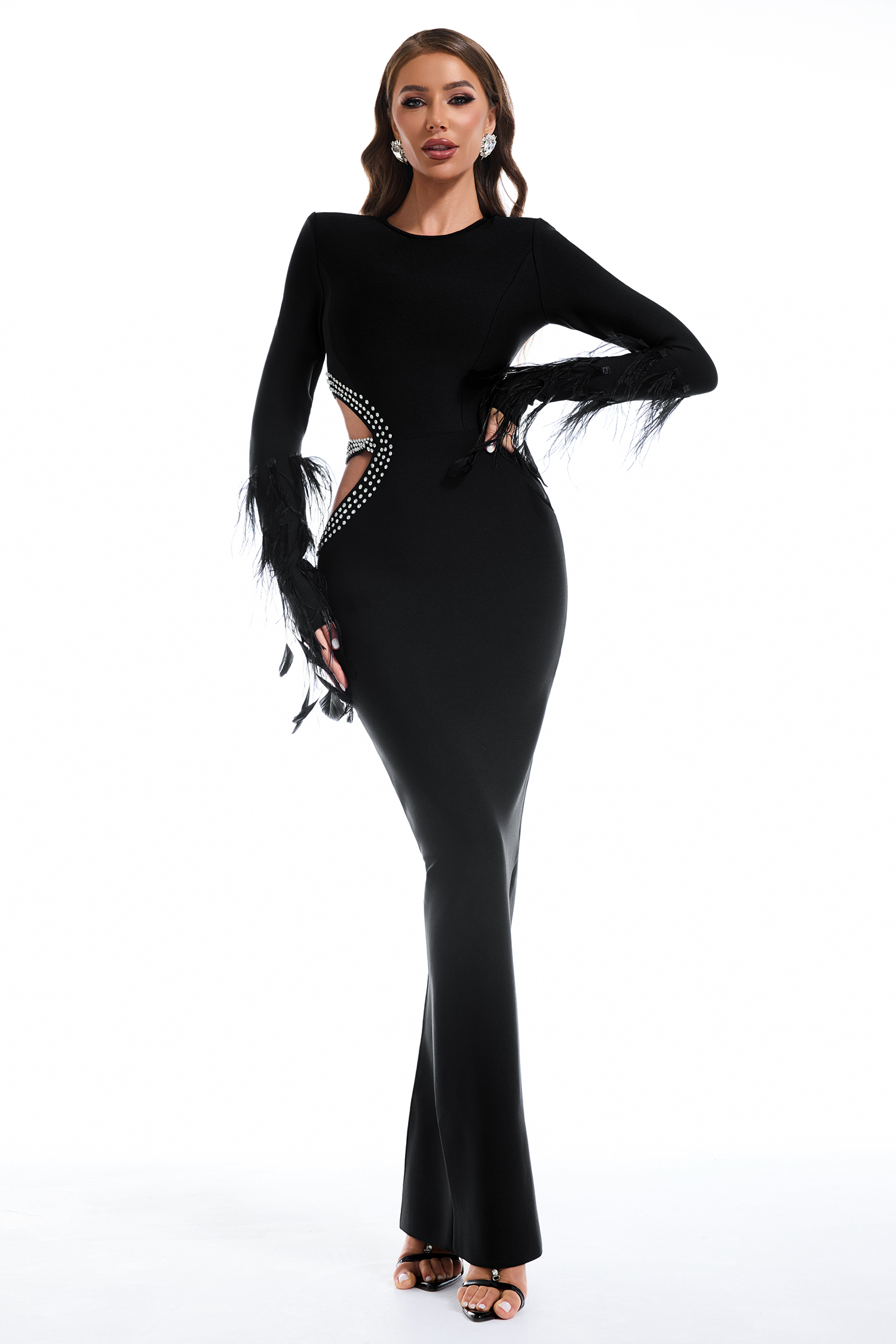 Feather Cut-Out Rhinestone Bandage Maxi Dress