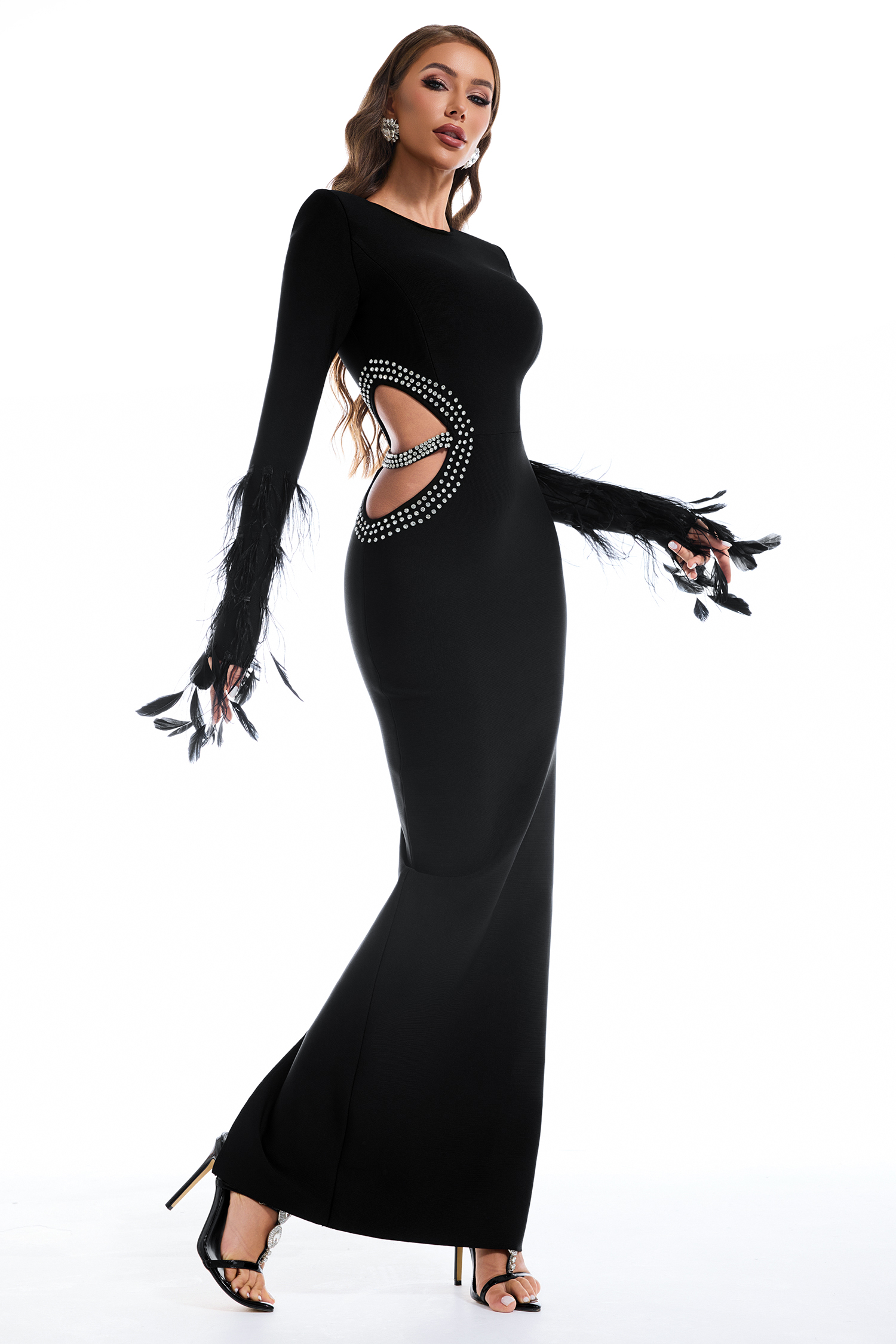 Feather Cut-Out Rhinestone Bandage Maxi Dress