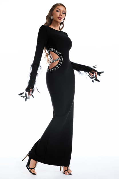 Feather Cut-Out Rhinestone Bandage Maxi Dress