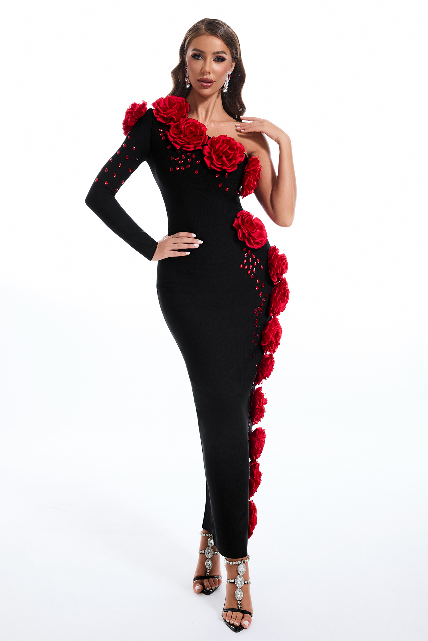 Bandage 3D Flower One-Shoulder Maxi Dress