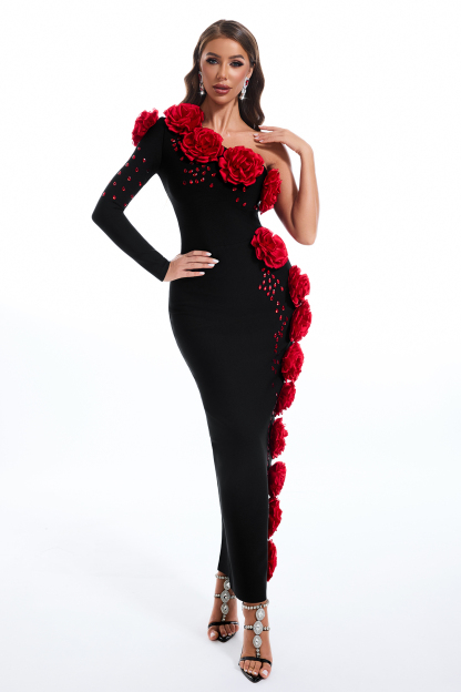 Bandage 3D Flower One-Shoulder Maxi Dress