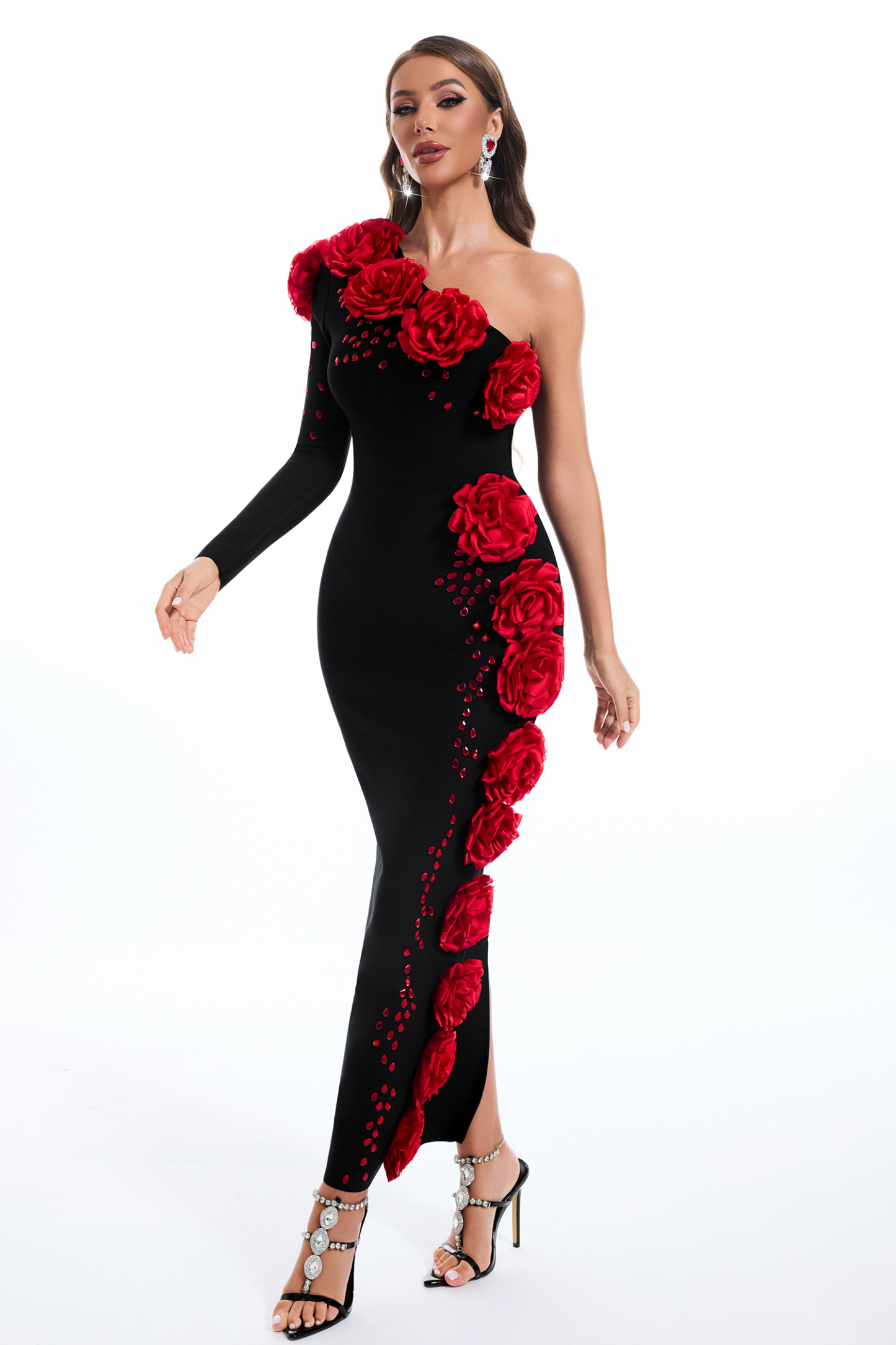 Bandage 3D Flower One-Shoulder Maxi Dress