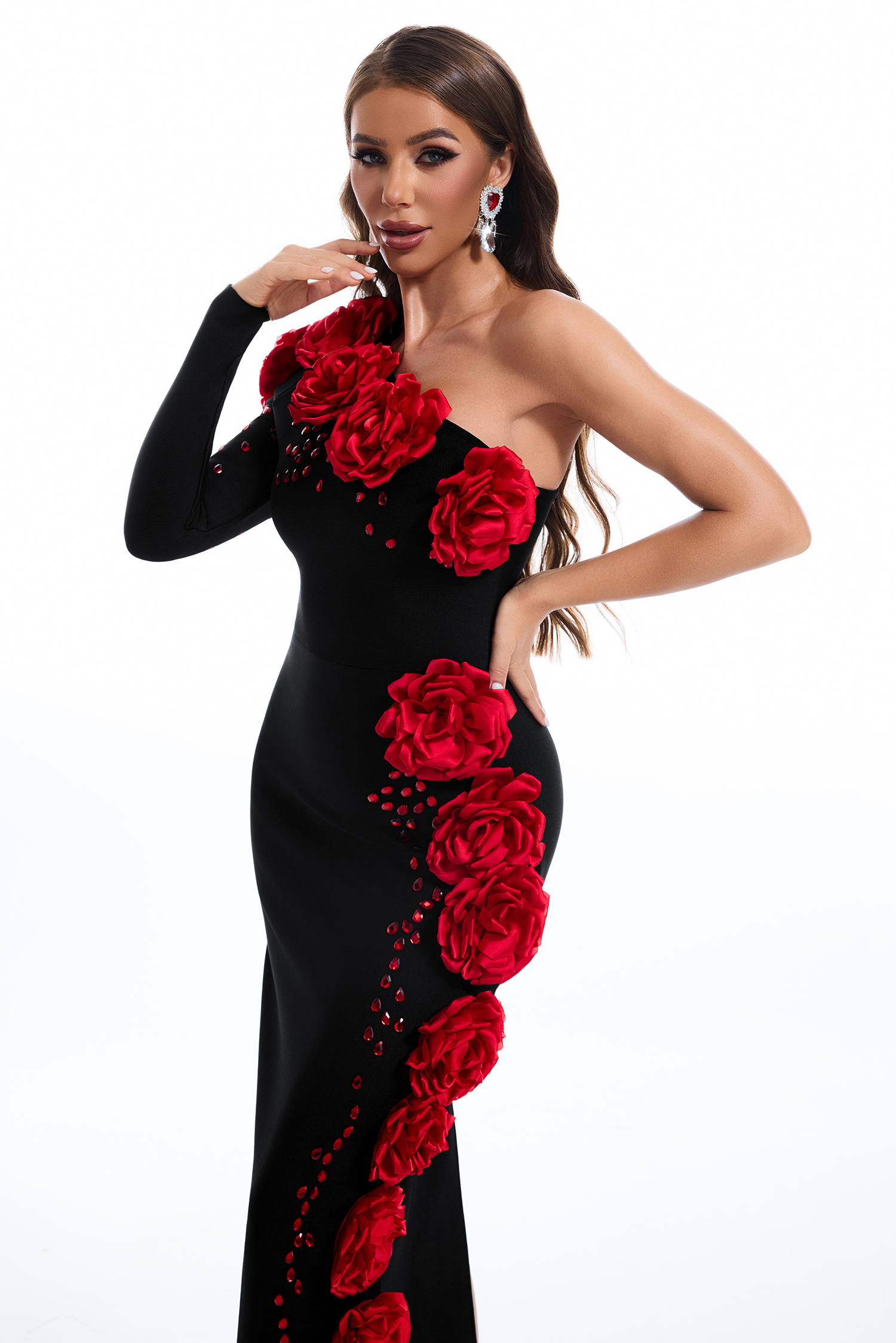 Bandage 3D Flower One-Shoulder Maxi Dress