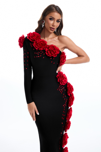 Bandage 3D Flower One-Shoulder Maxi Dress