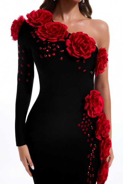 Bandage 3D Flower One-Shoulder Maxi Dress