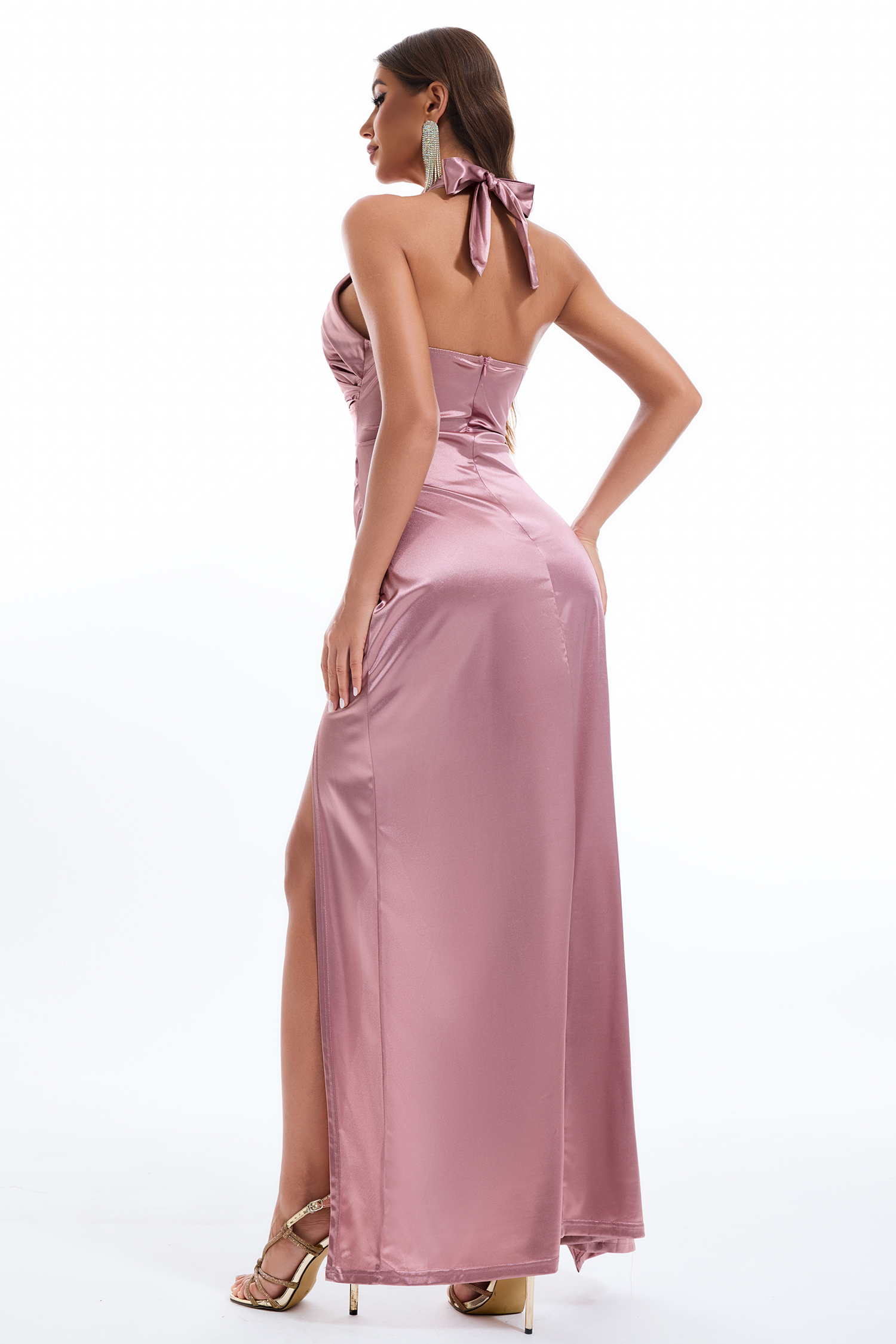 Halter Neck Lace-Up Split Maxi Dress