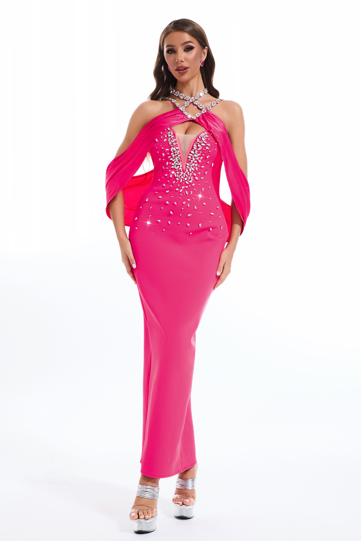 Rhinestone Bandage V-Neck Midi Dress