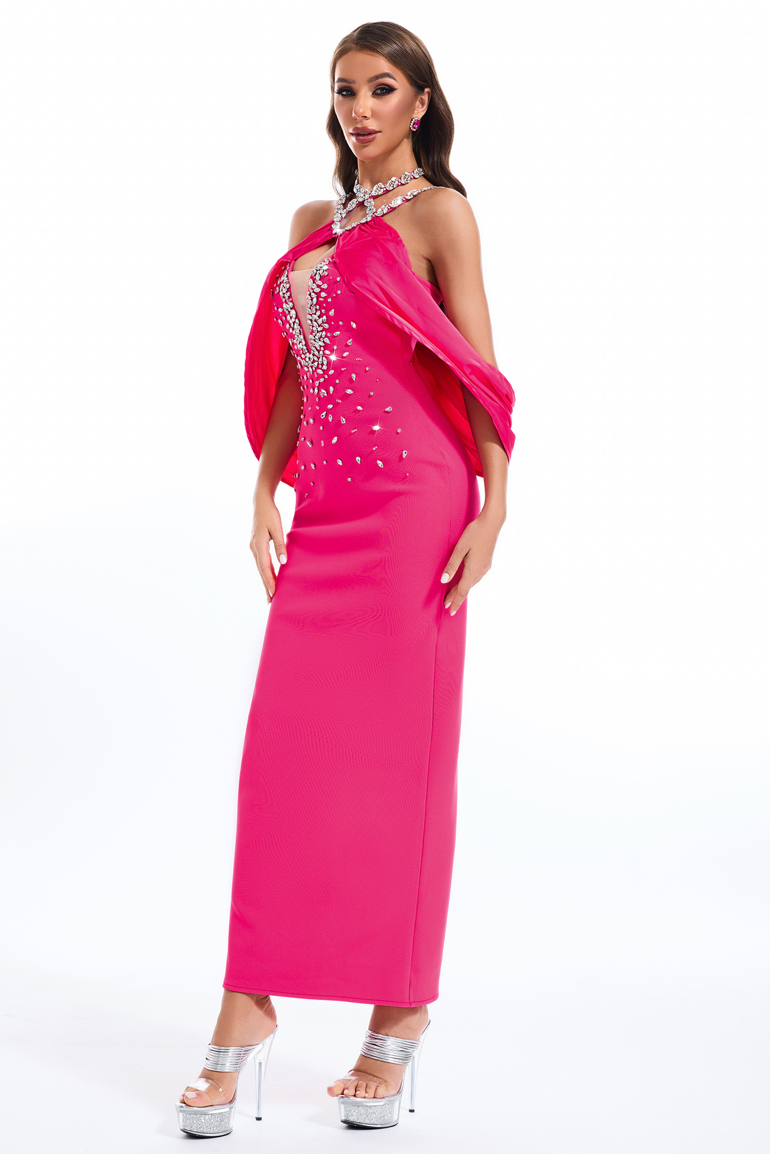 Rhinestone Bandage V-Neck Midi Dress