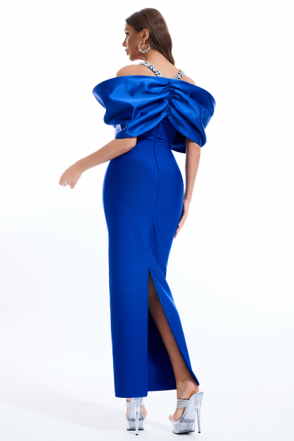 Satin Splicing Bandage Rhinestone Midi Dress