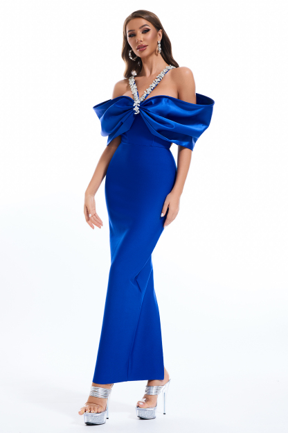 Satin Splicing Bandage Rhinestone Midi Dress