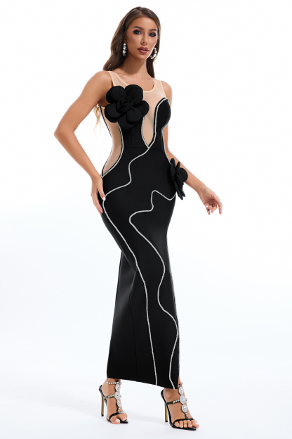 3D Flower Rhinestone Sleeveless Split Midi Dress