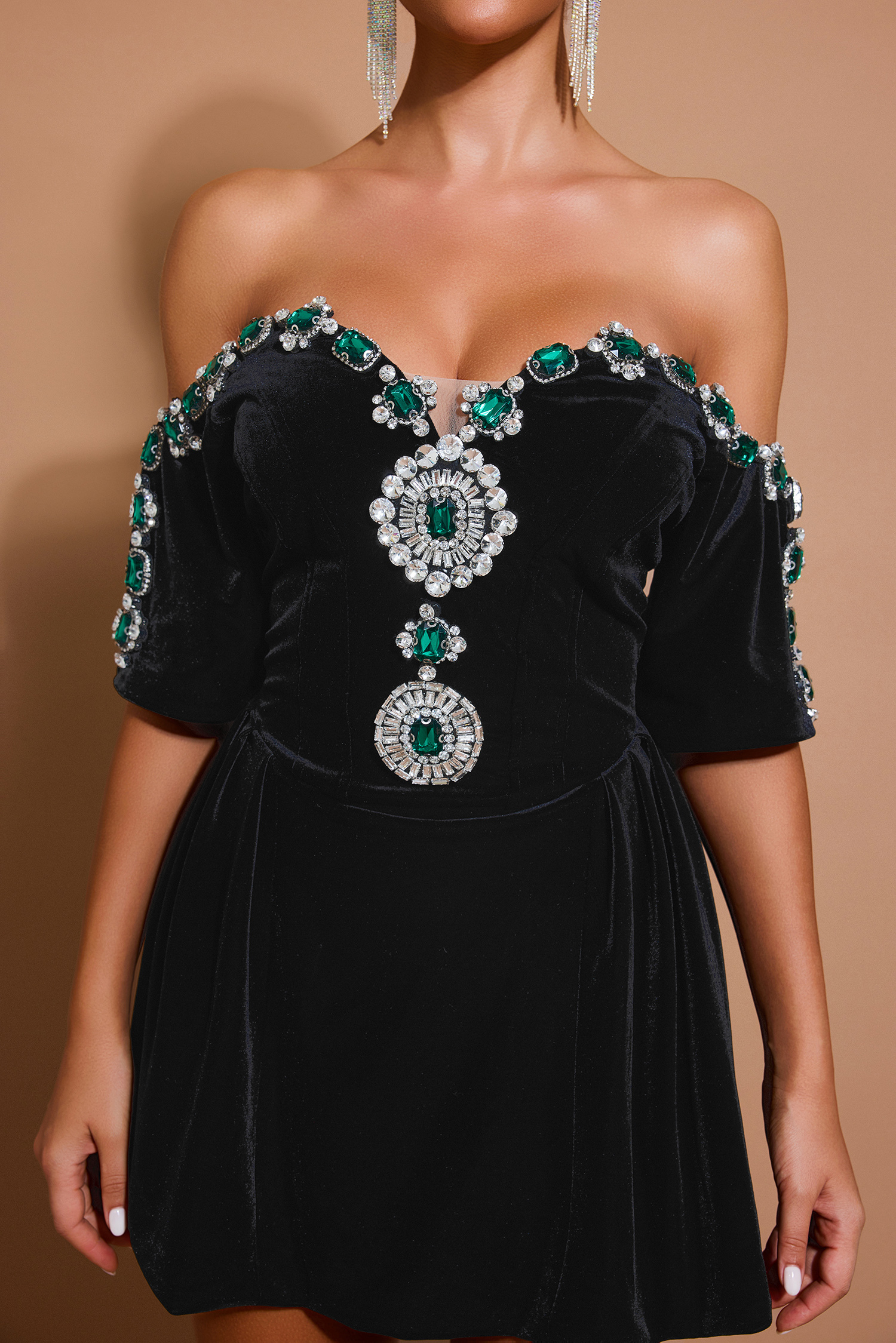 Velvet Rhinestone Off-Shoulder Mini Dress