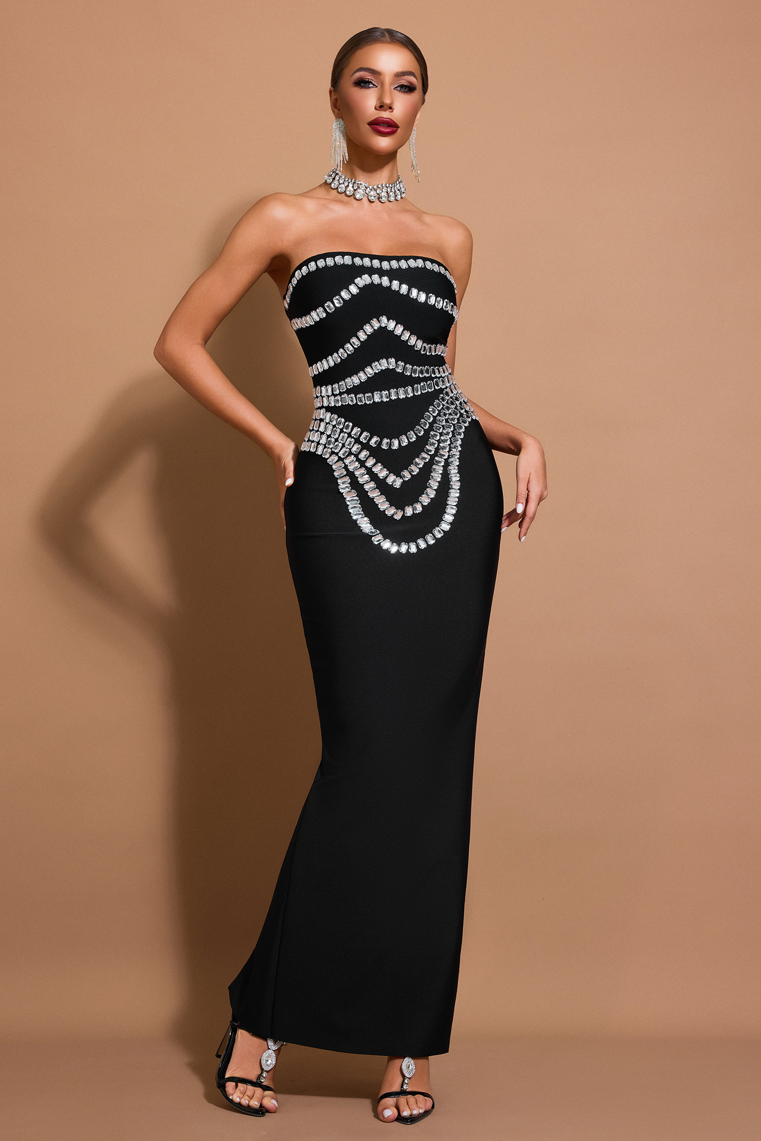 Rhinestone Bandage Off-Shoulder Maxi Dress