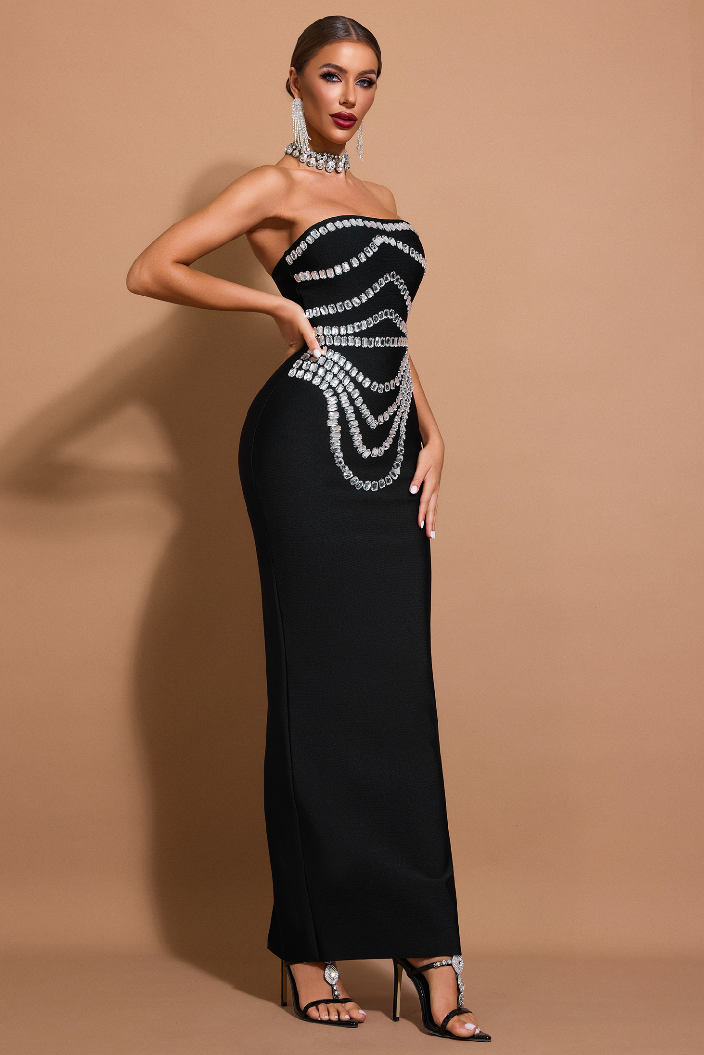 Rhinestone Bandage Off-Shoulder Maxi Dress