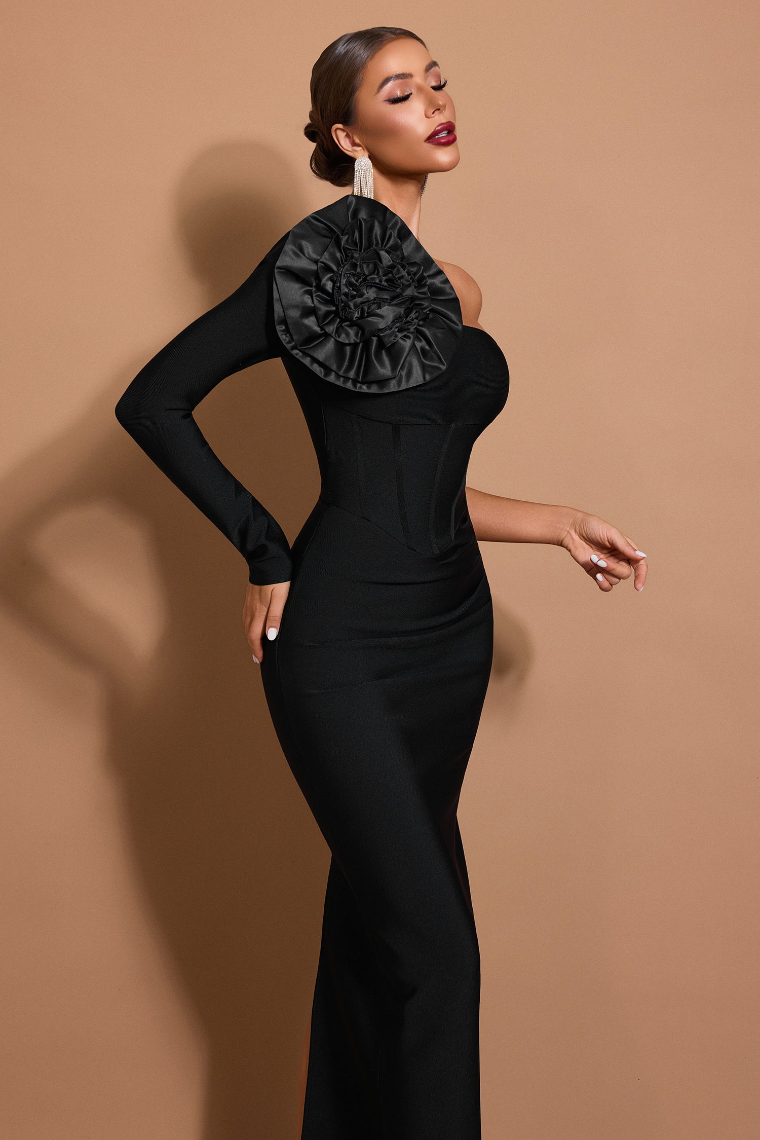 3D Flower Bandage One-Shoulder Maxi Dress