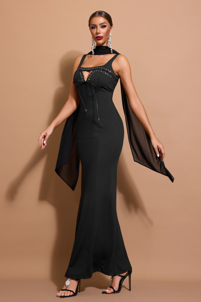 Lace-Up Square Collar Cut-Out Maxi Dress