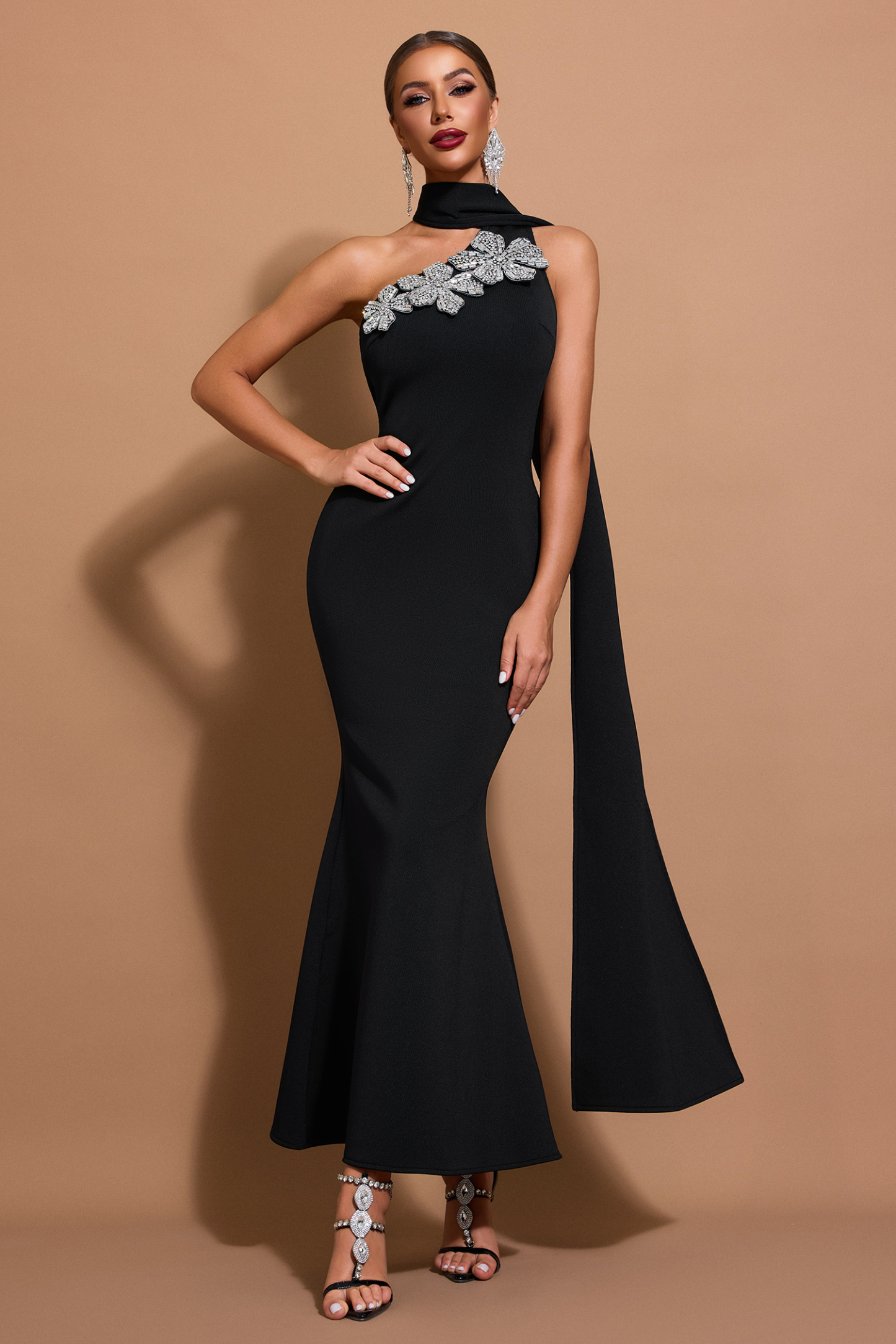Rhinestone Flower One-Shoulder Bandage Maxi Dress