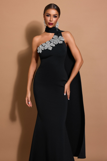 Rhinestone Flower One-Shoulder Bandage Maxi Dress