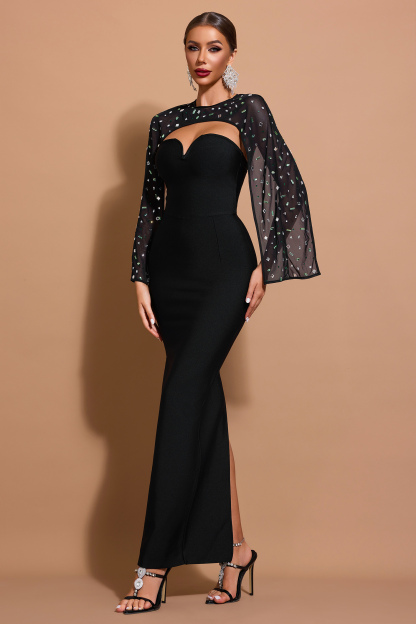 Bandage Midi Dress With Rhinestone Cape