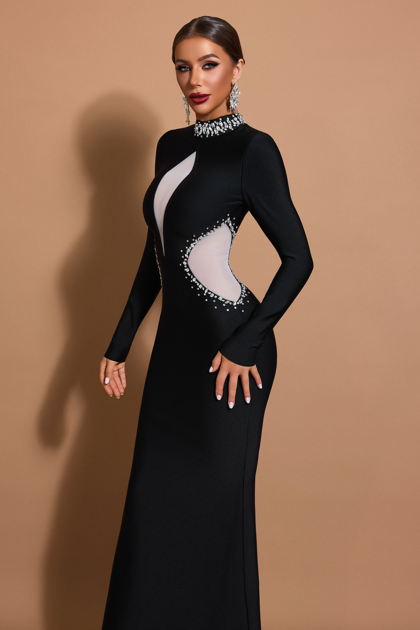 Bandage Long Sleeve Rhinestone Maxi Dress