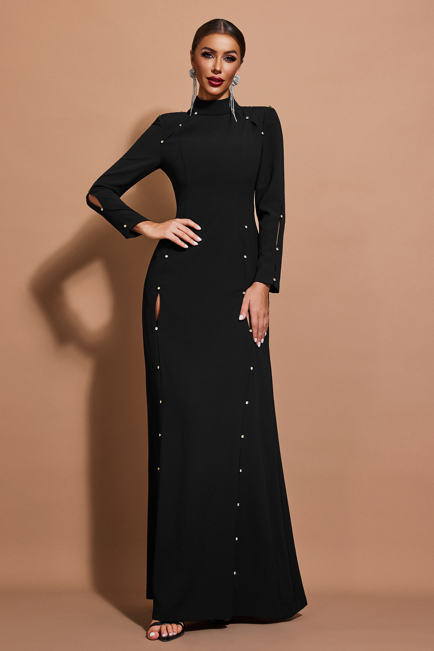 Solid Cut-Out Stand Collar Maxi Dress