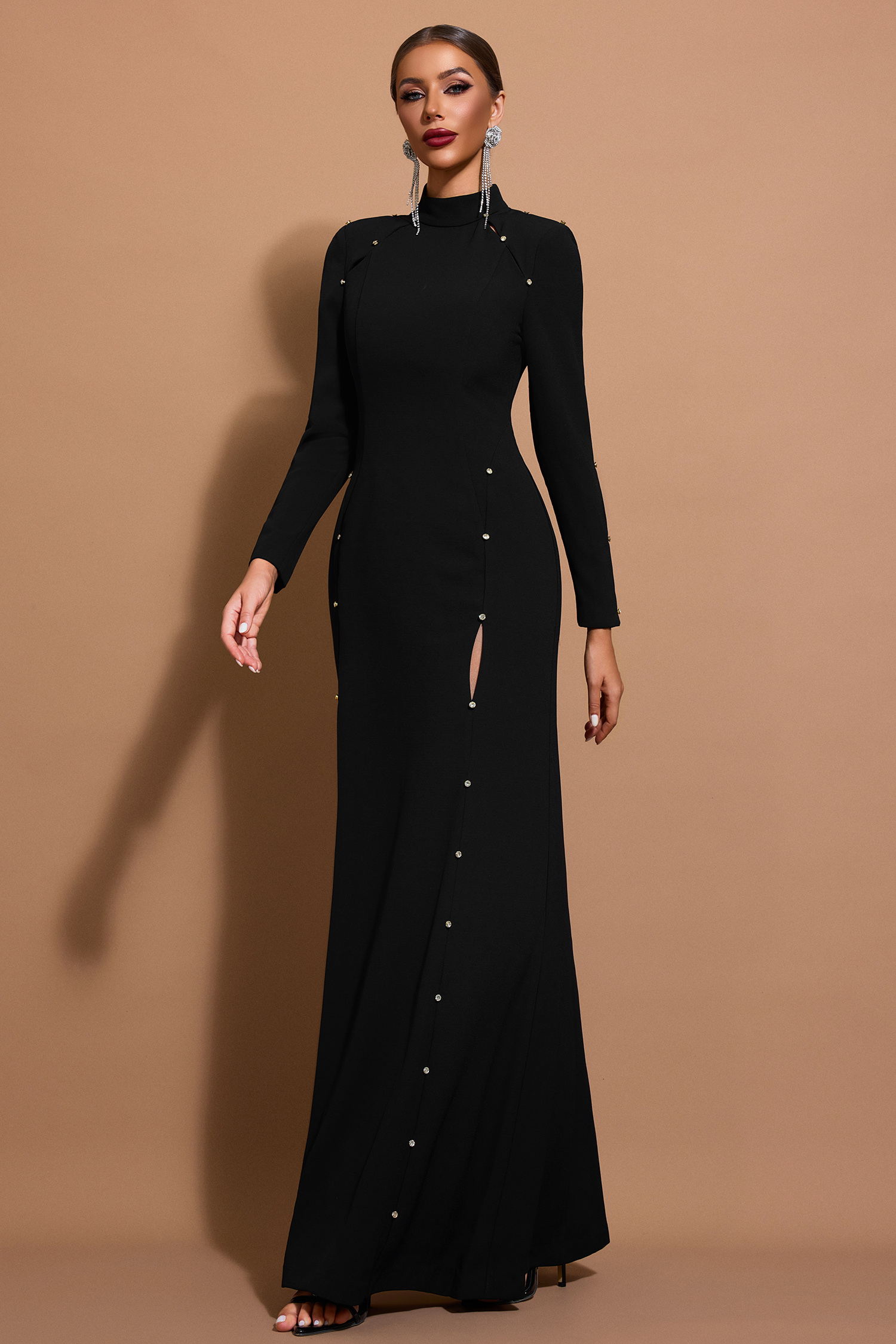 Solid Cut-Out Stand Collar Maxi Dress