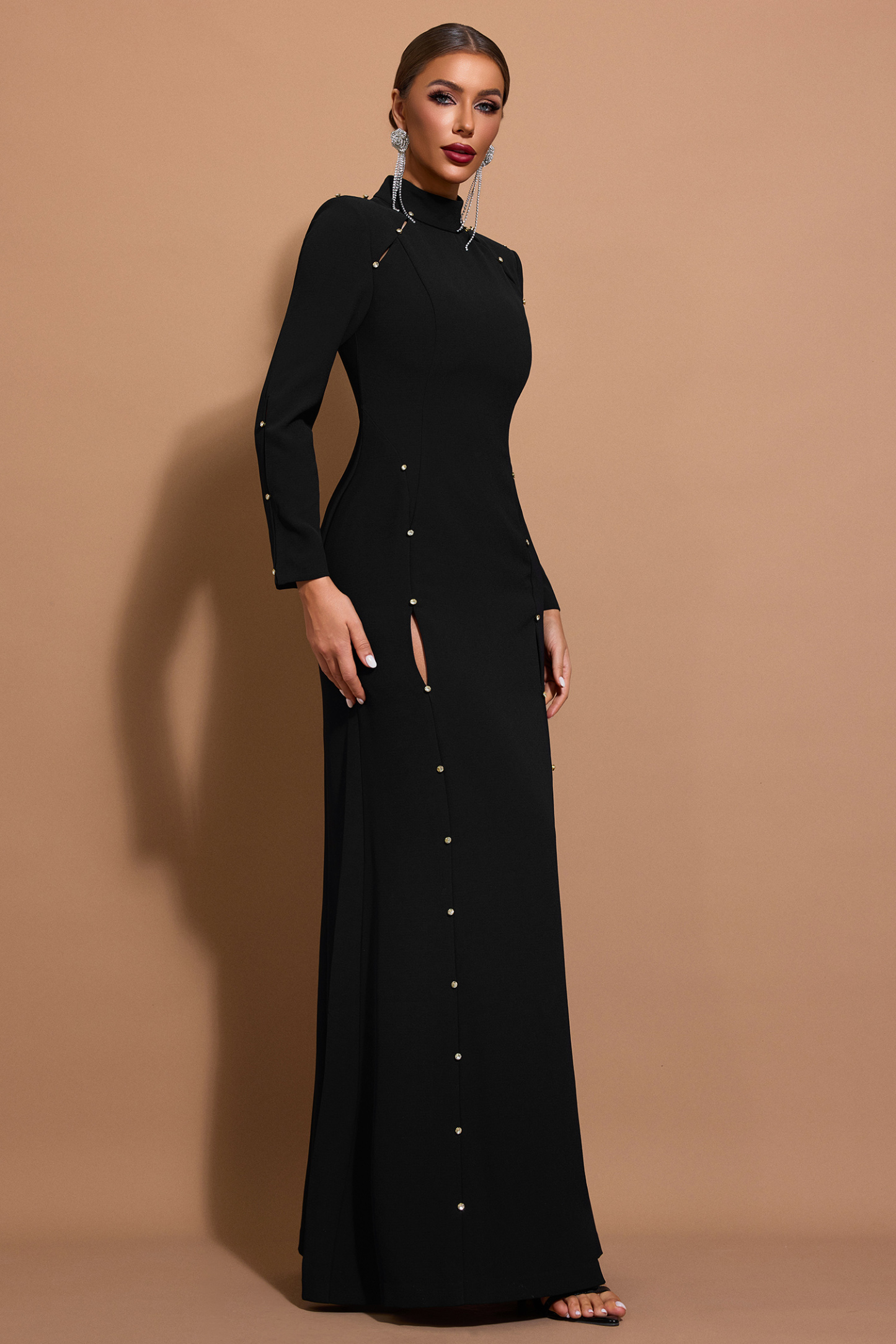 Solid Cut-Out Stand Collar Maxi Dress