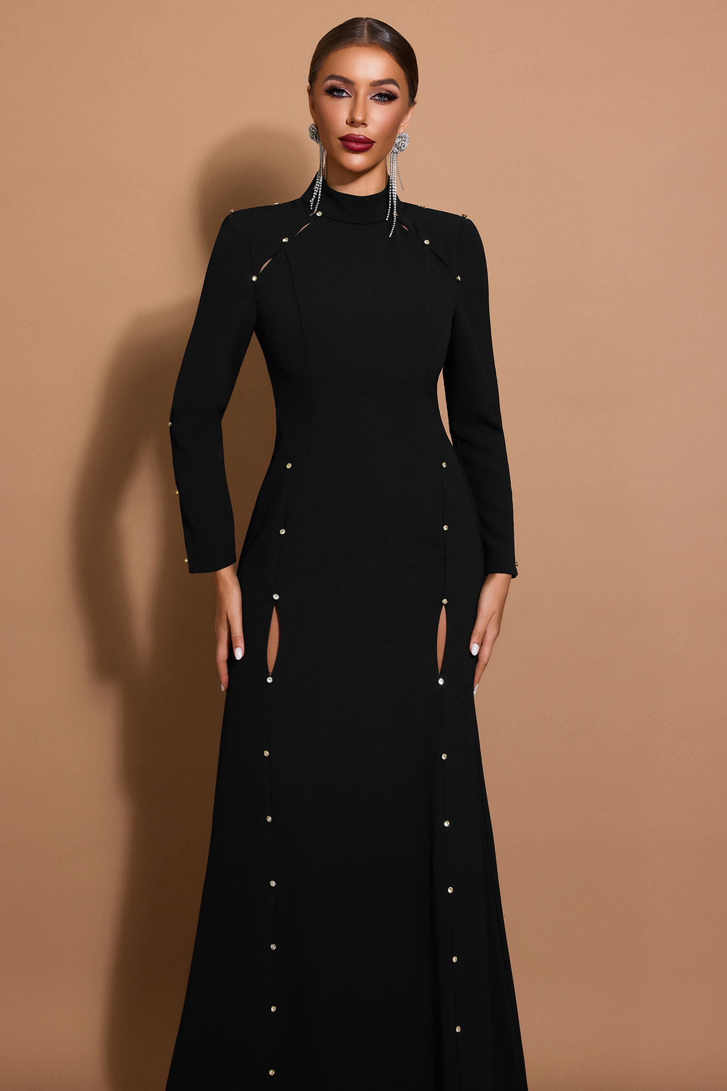 Solid Cut-Out Stand Collar Maxi Dress