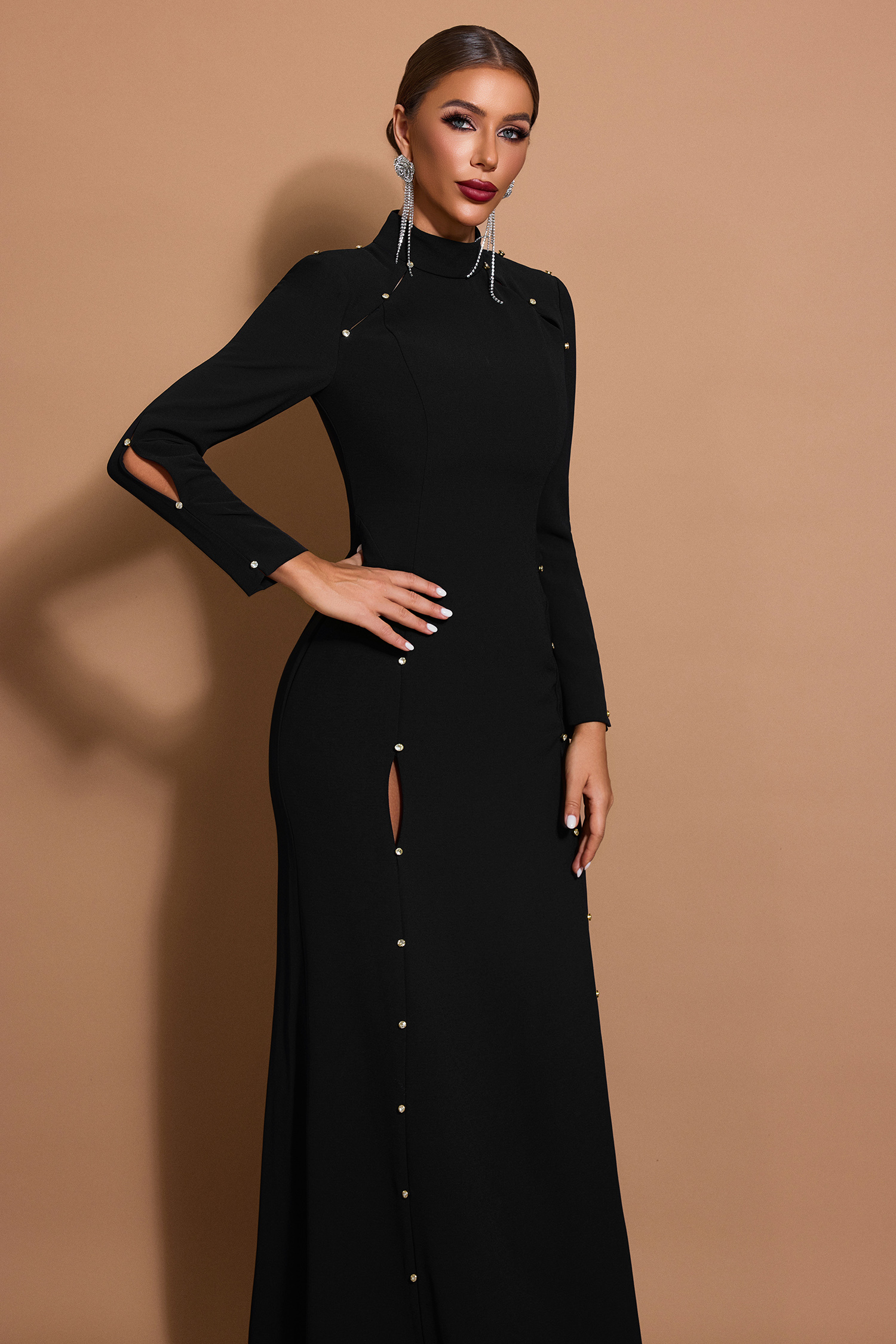Solid Cut-Out Stand Collar Maxi Dress