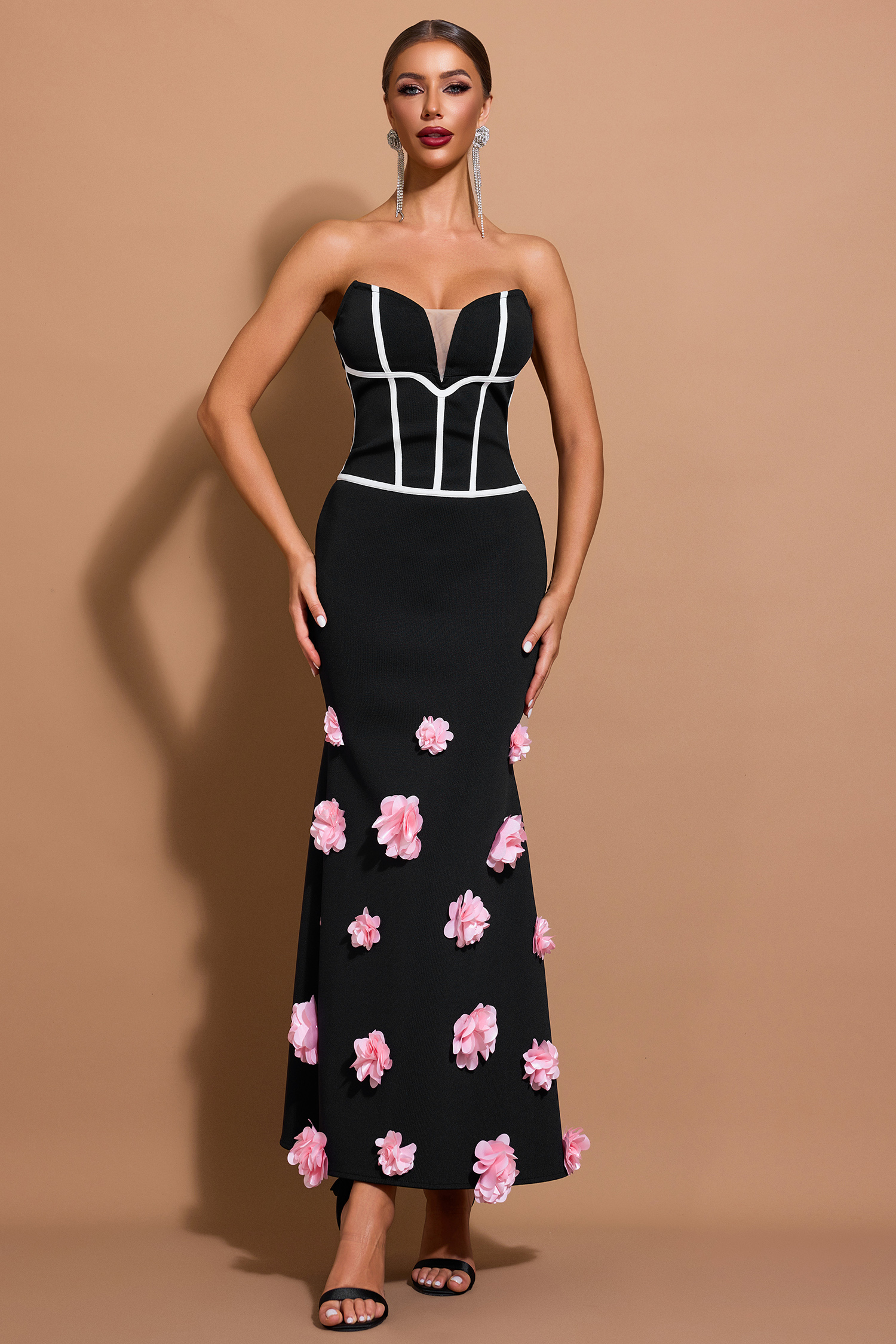 3D Flower Bandage Off-Shoulder Midi Dress