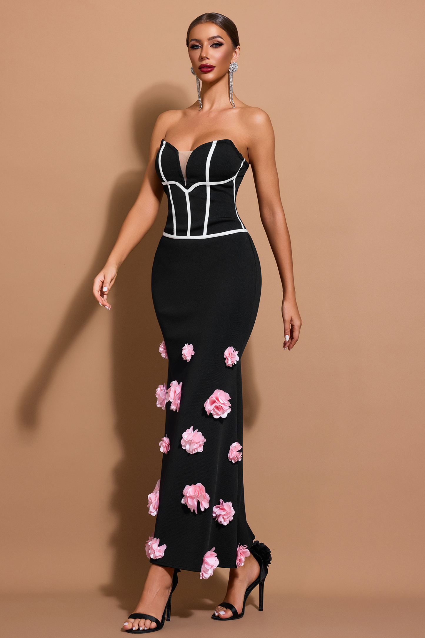 3D Flower Bandage Off-Shoulder Midi Dress