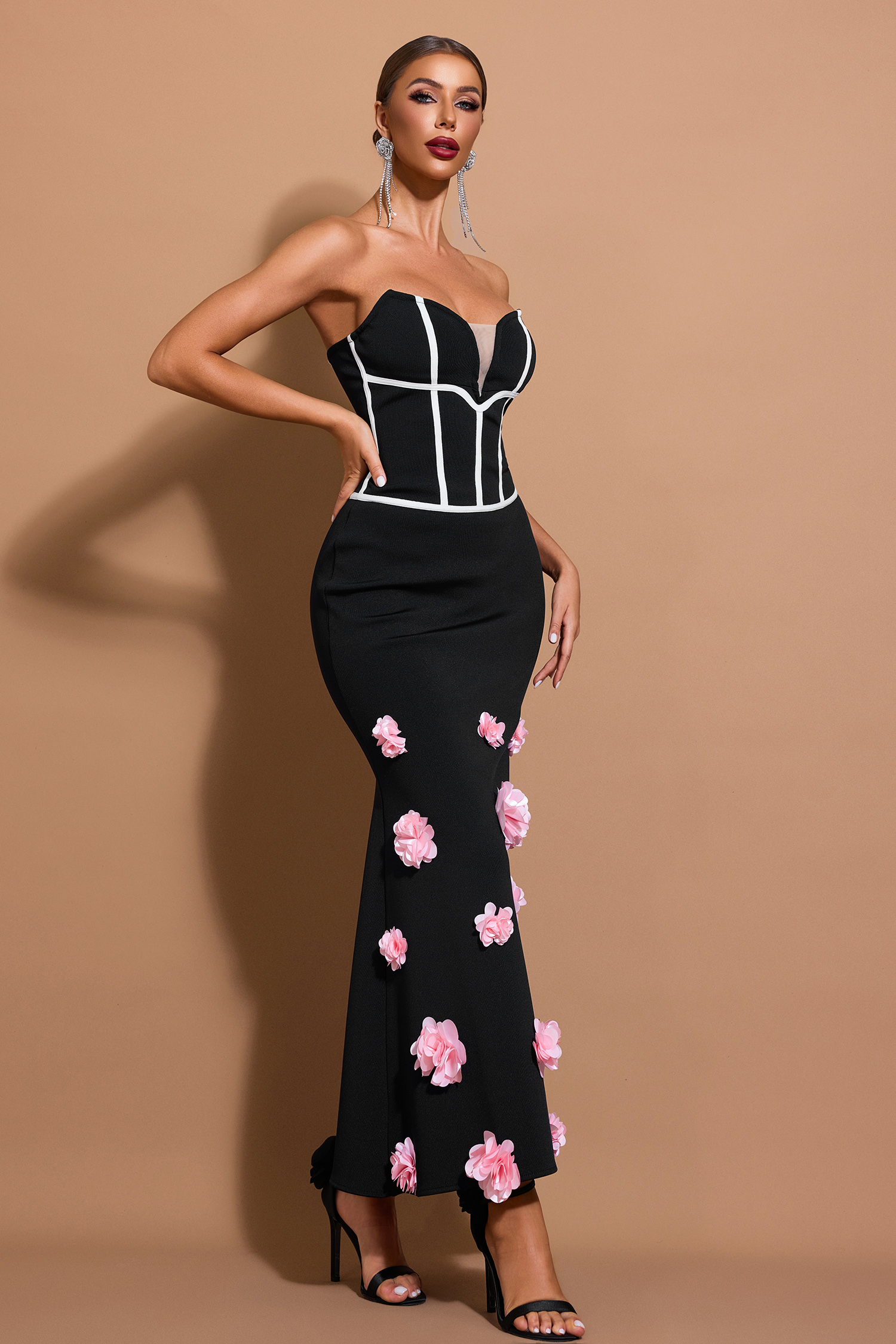 3D Flower Bandage Off-Shoulder Midi Dress