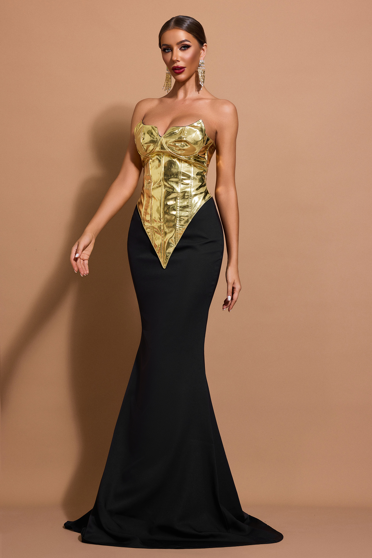 PU Tie-Up Off-Shoulder Top & High Waist Maxi Skirt Set