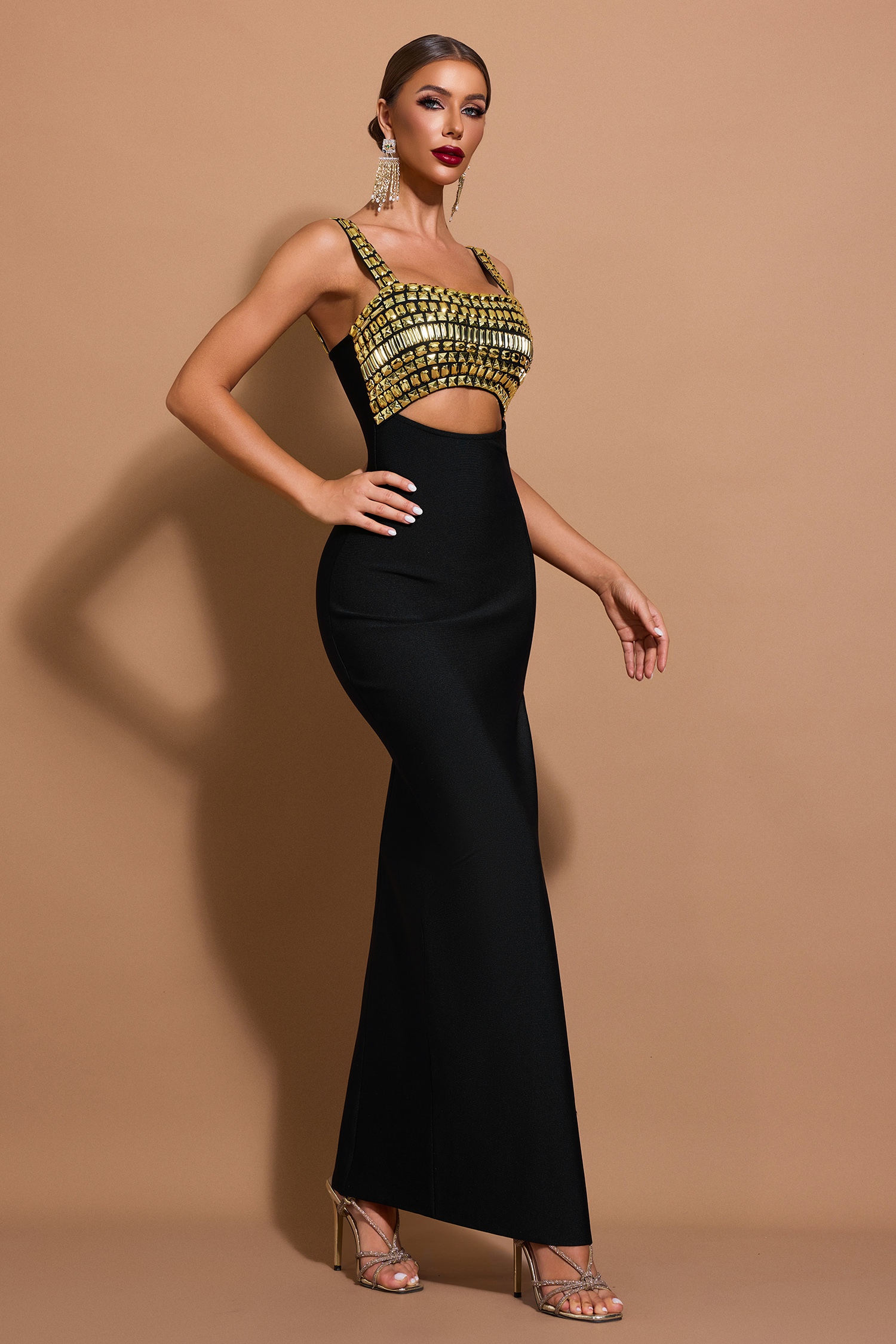 Rhinestone Cut-Out Bandage Maxi Dress
