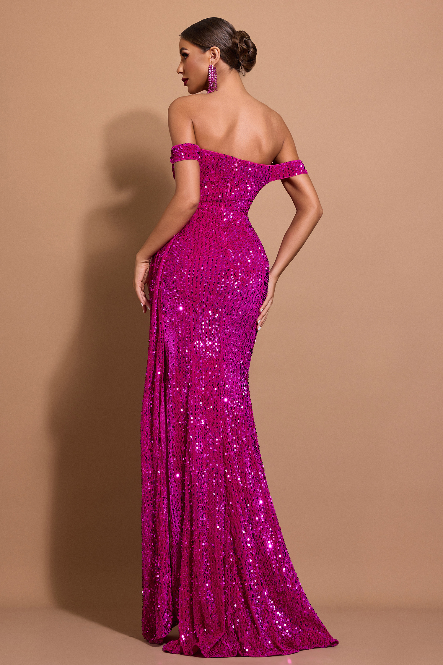 Sequin Off-Shoulder Slit Maxi Dress