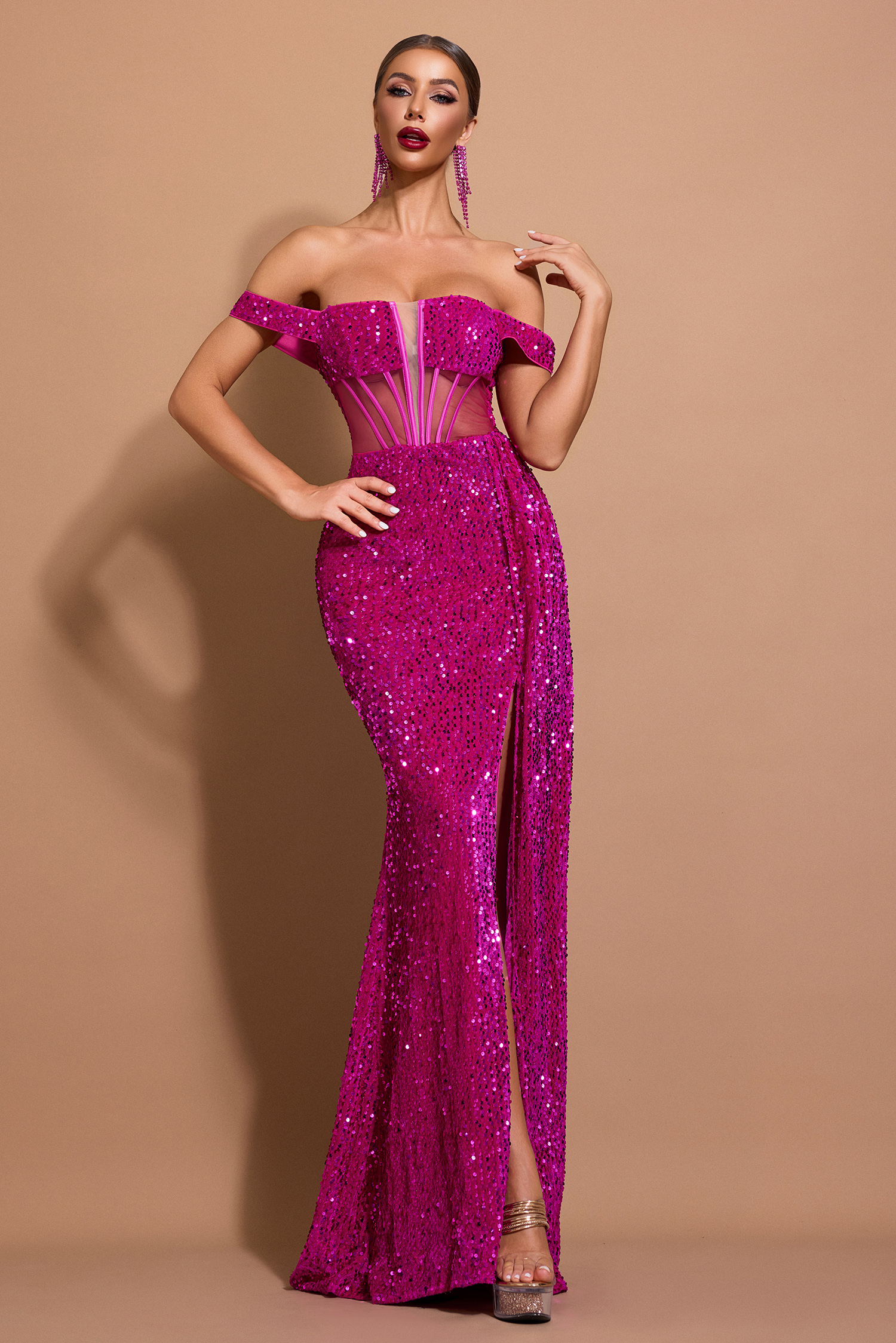 Sequin Off-Shoulder Slit Maxi Dress