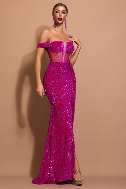 Sequin Off-Shoulder Slit Maxi Dress