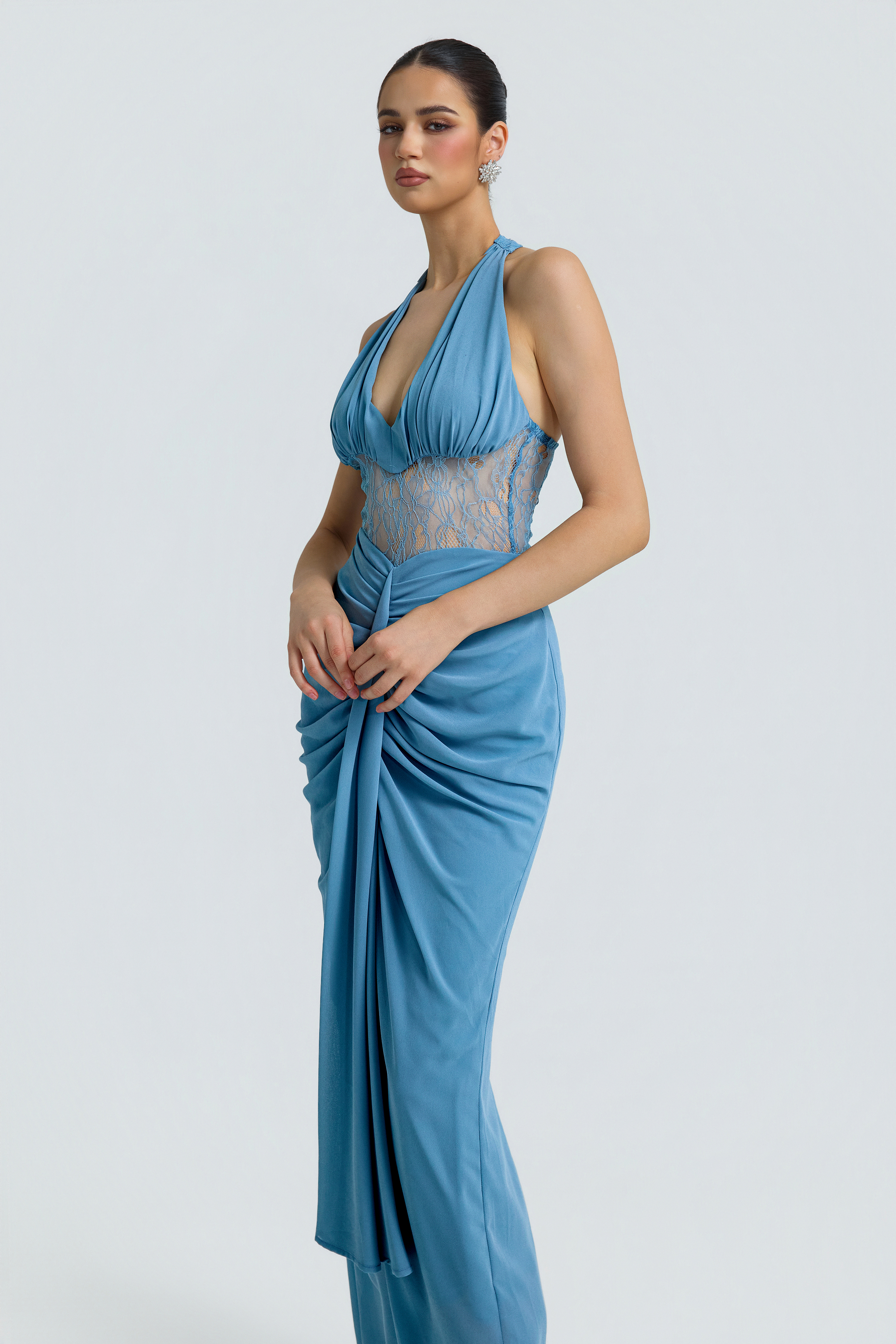Chiffon Splicing Lace Halter Neck Maxi Dress