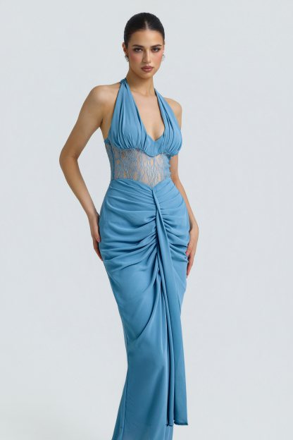 Chiffon Splicing Lace Halter Neck Maxi Dress