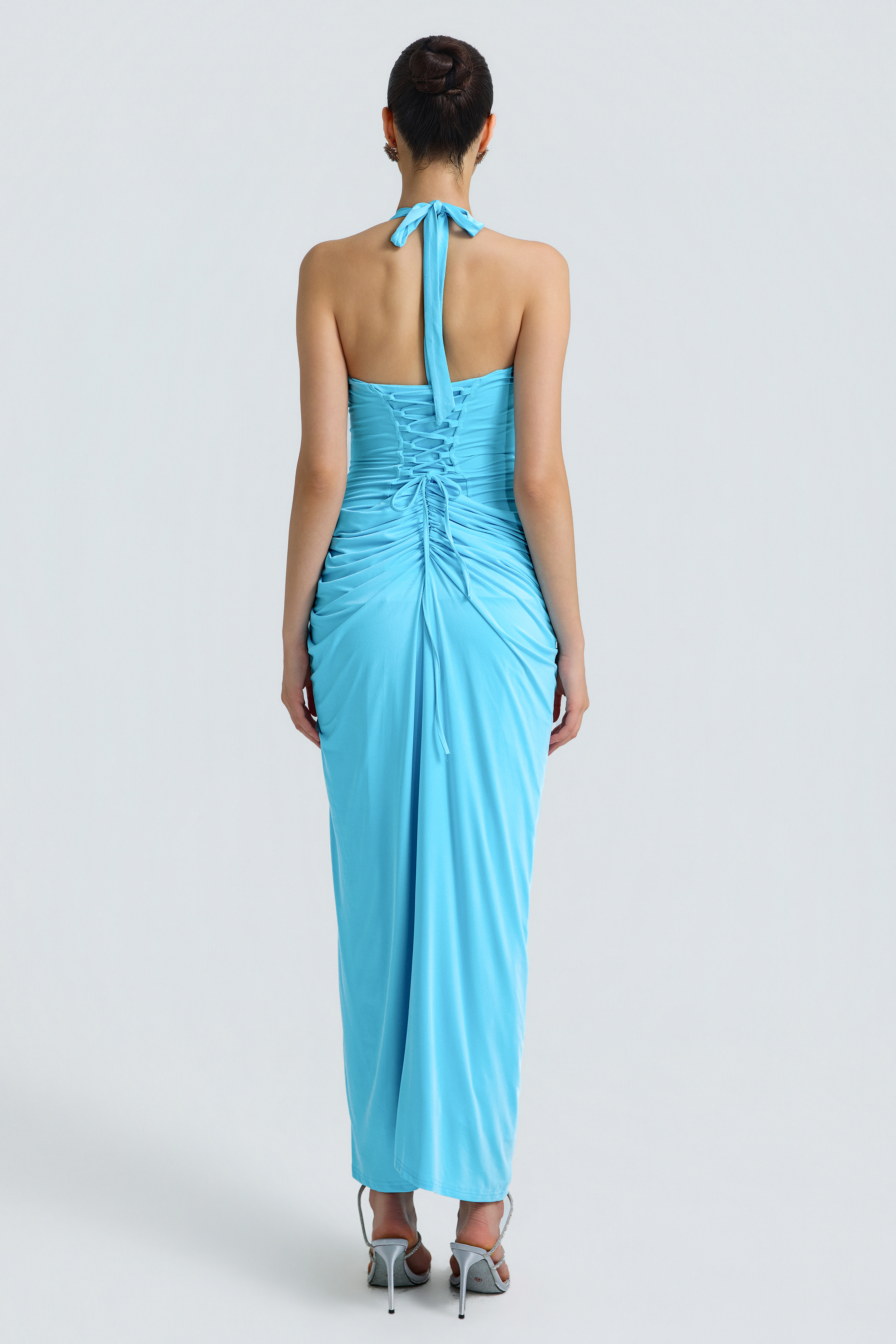 Halter Deep V Pleated Waist Slit Maxi Gown