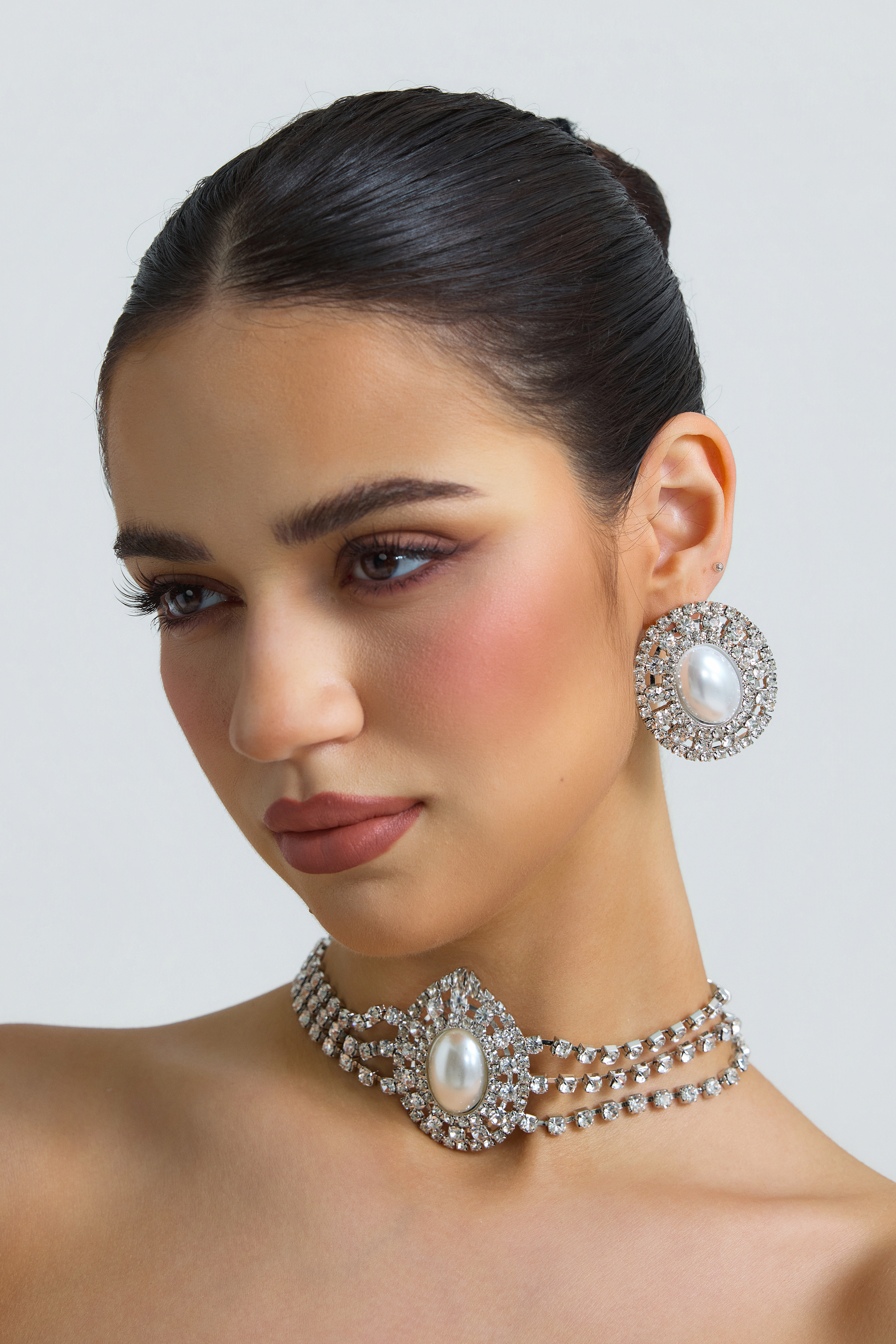 Pearl Rhinestone Snowflake Earring Necklace Bracelet Jewelry Set