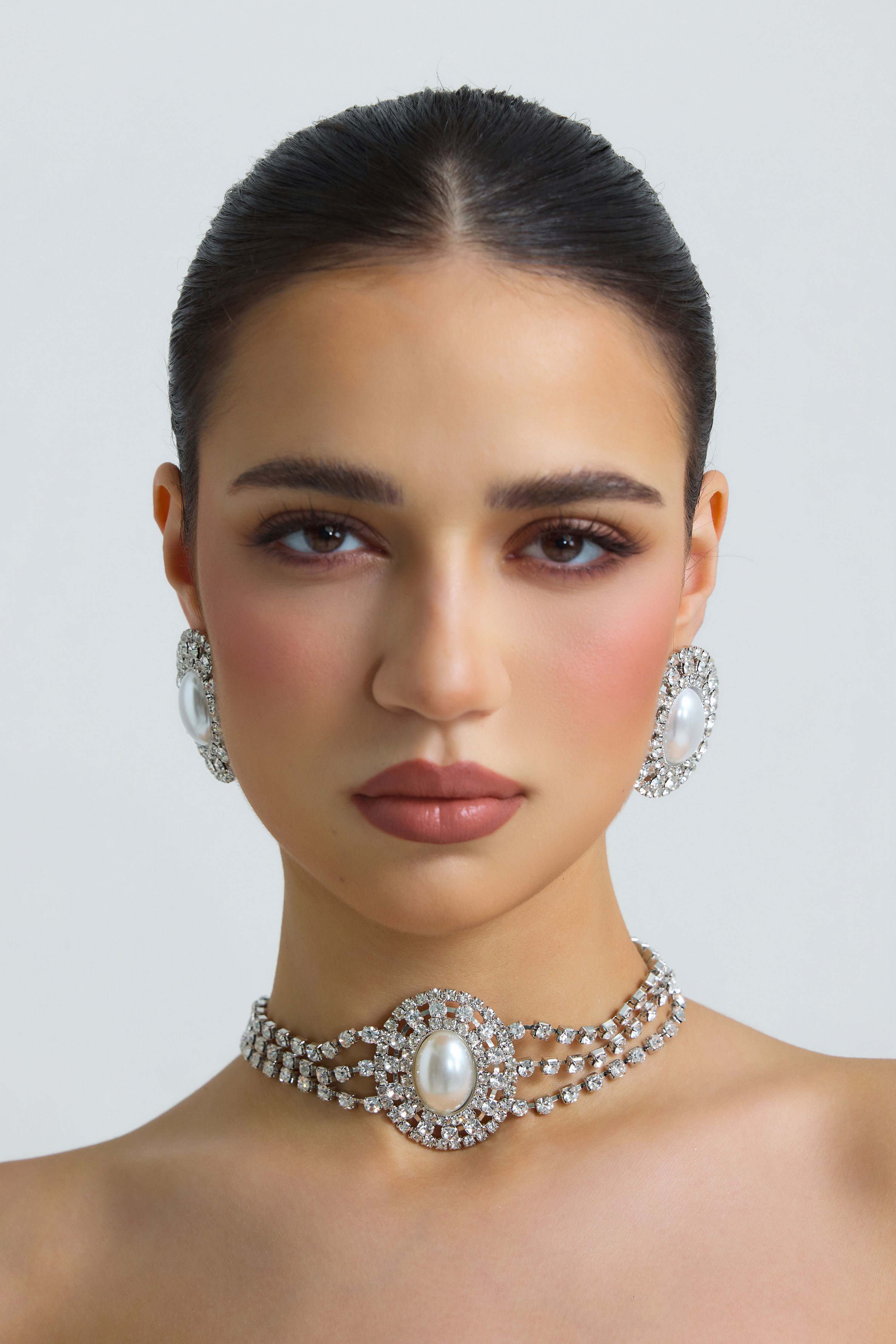 Faux Diamond Splicing Pearl Stud Earrings & Tassel Necklace Set