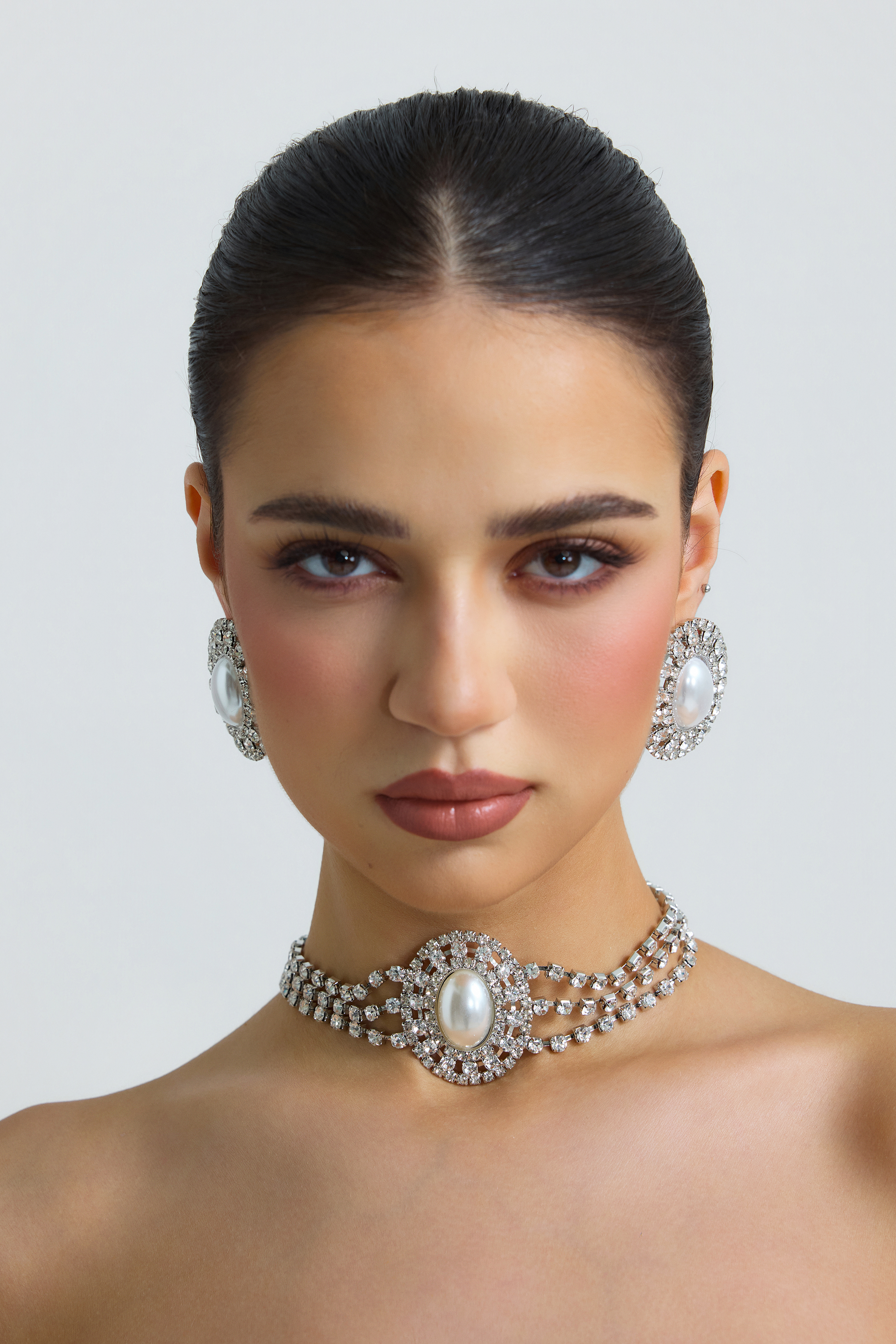 Pearl Rhinestone Snowflake Earring Necklace Bracelet Jewelry Set