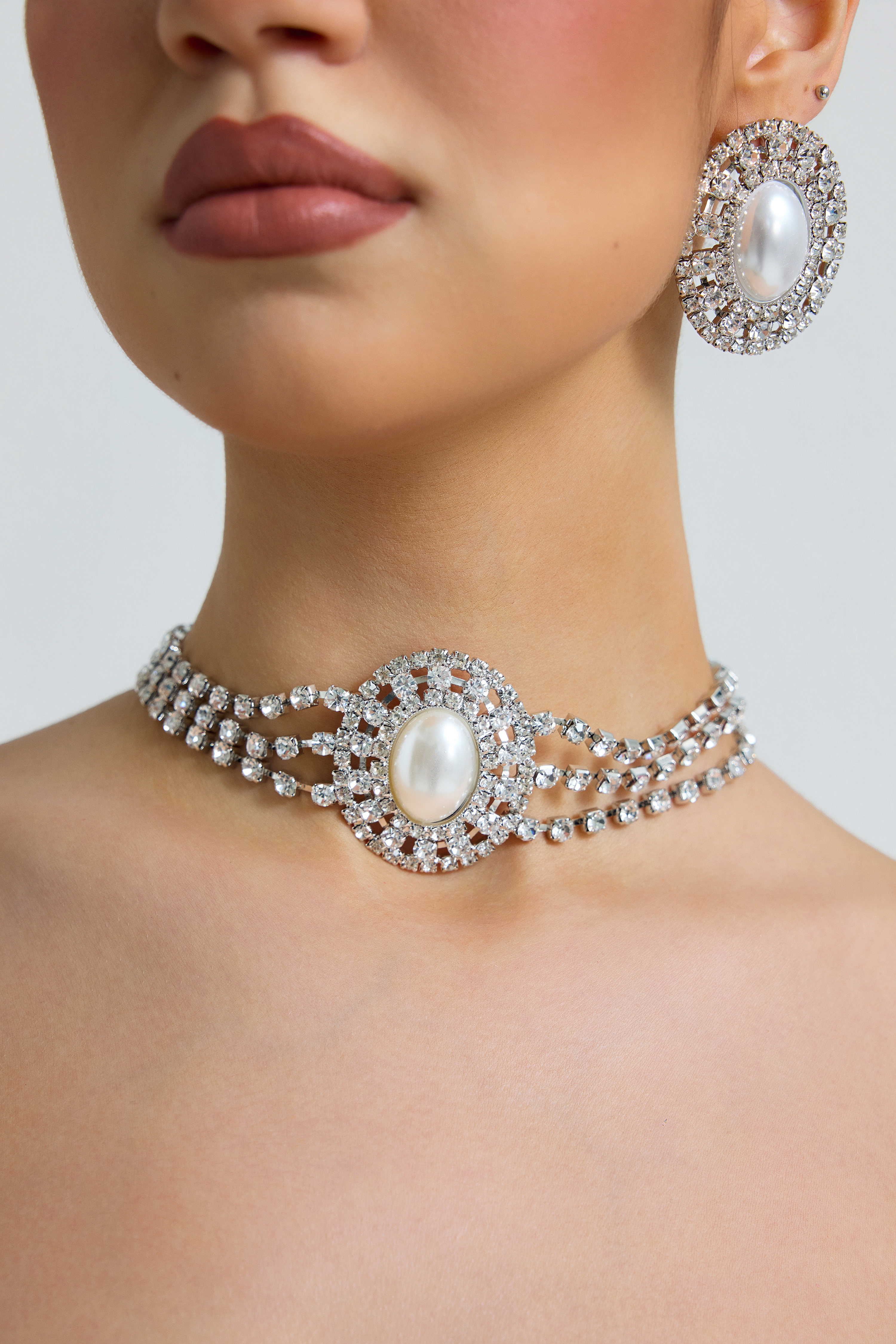 Pearl Rhinestone Snowflake Earring Necklace Bracelet Jewelry Set