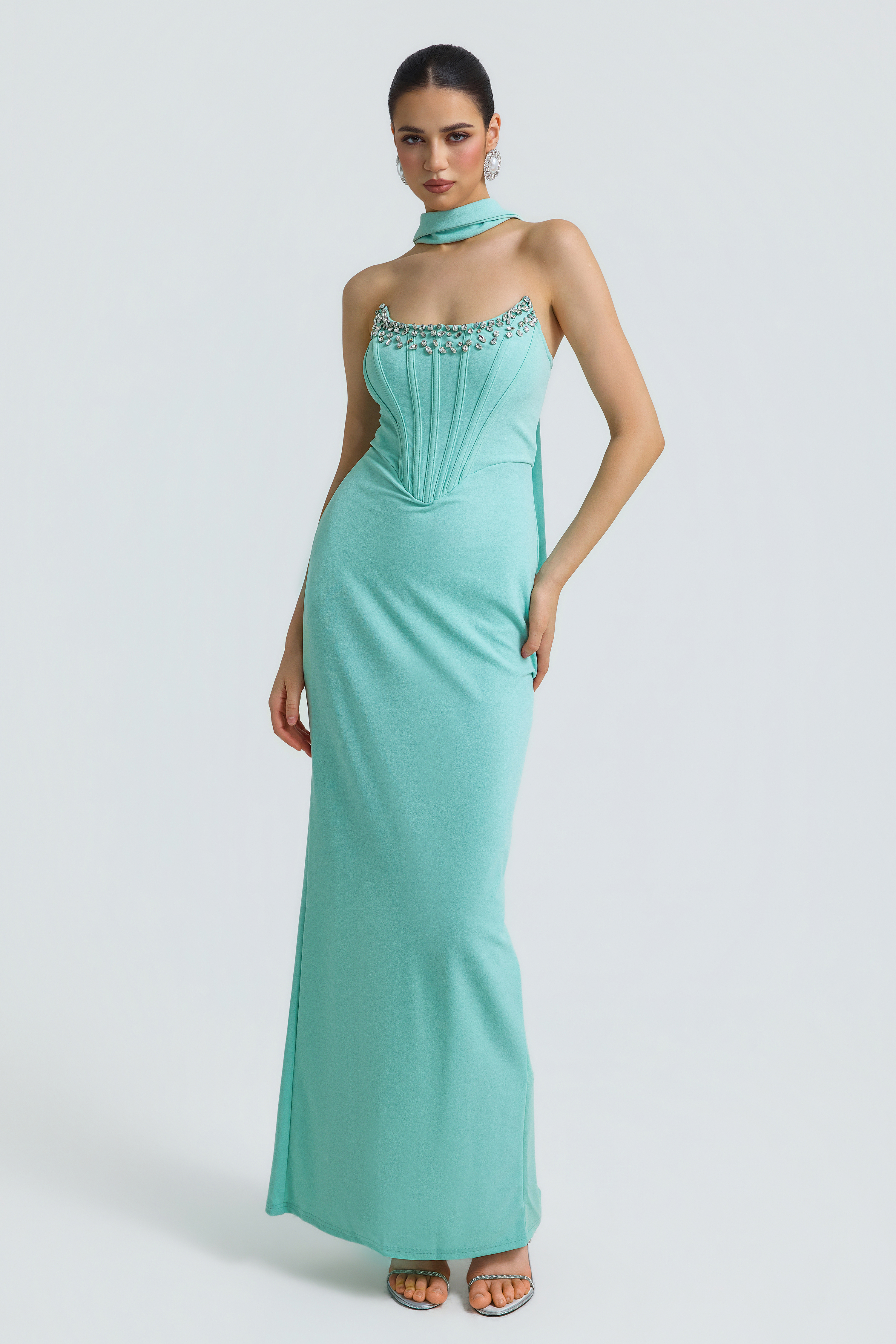 Solid Corset Rhinestone Rivets Maxi Dress