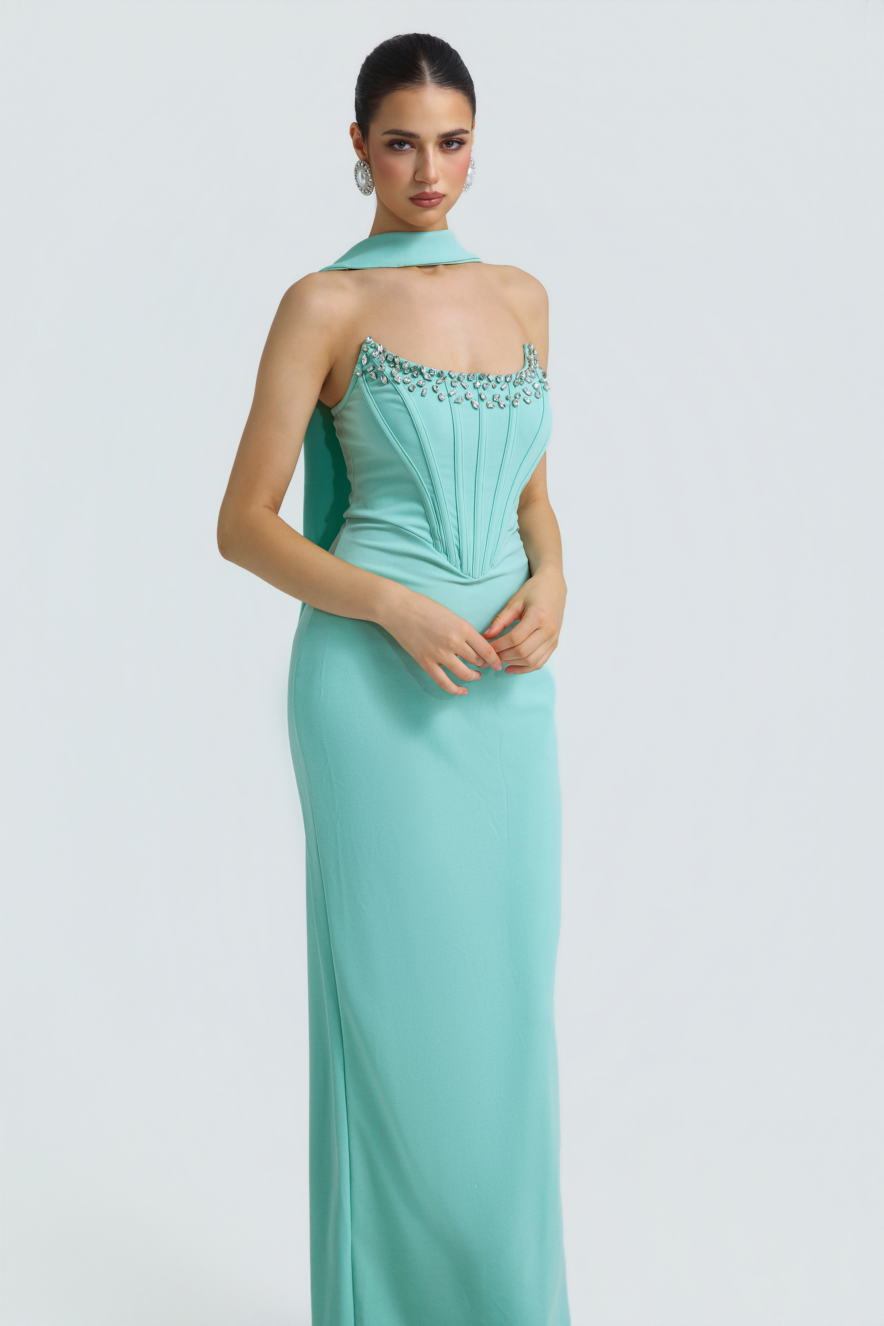 Solid Corset Rhinestone Rivets Maxi Dress