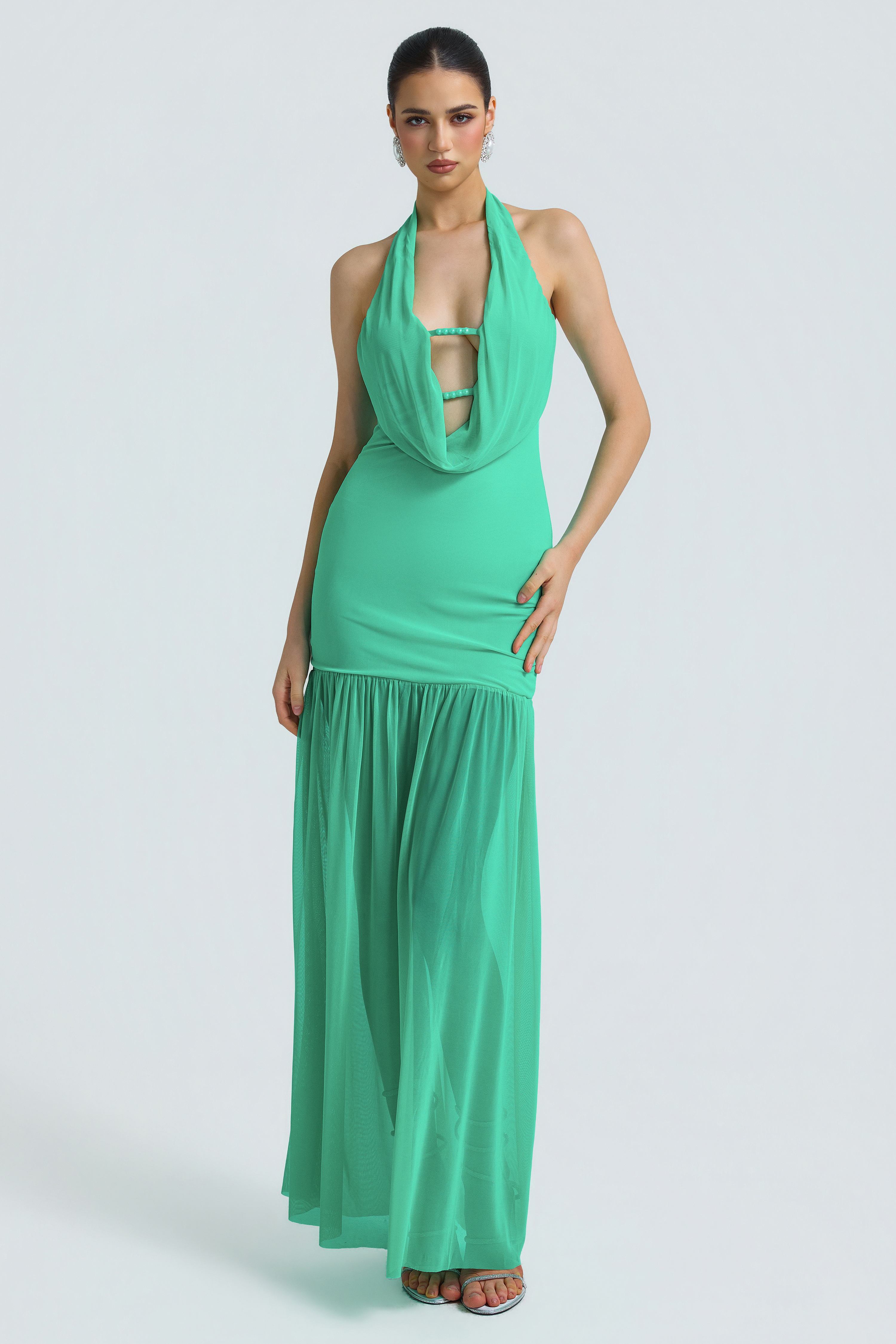 Mesh Swing Collar Backeless Maxi Dress