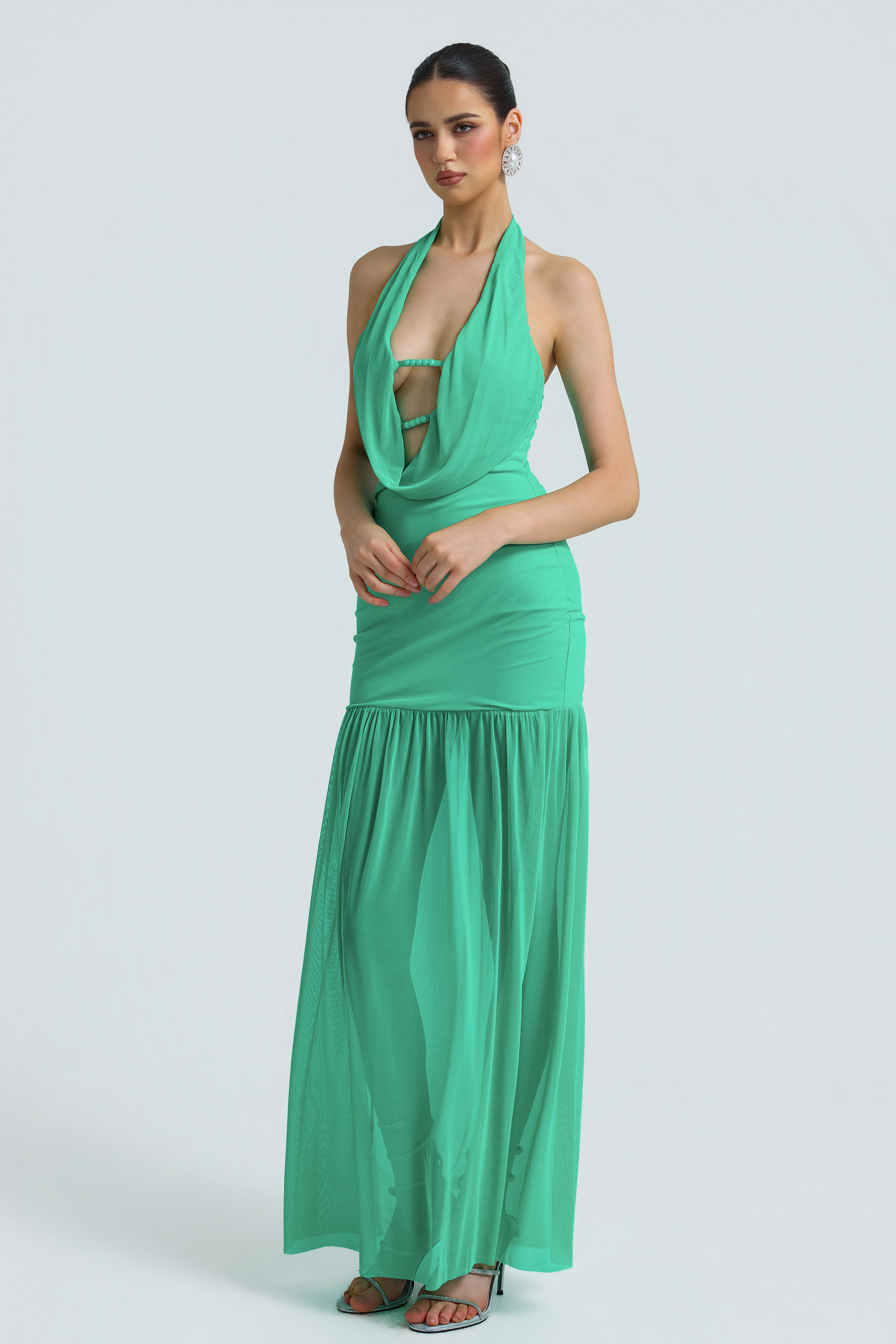 Mesh Swing Collar Backeless Maxi Dress