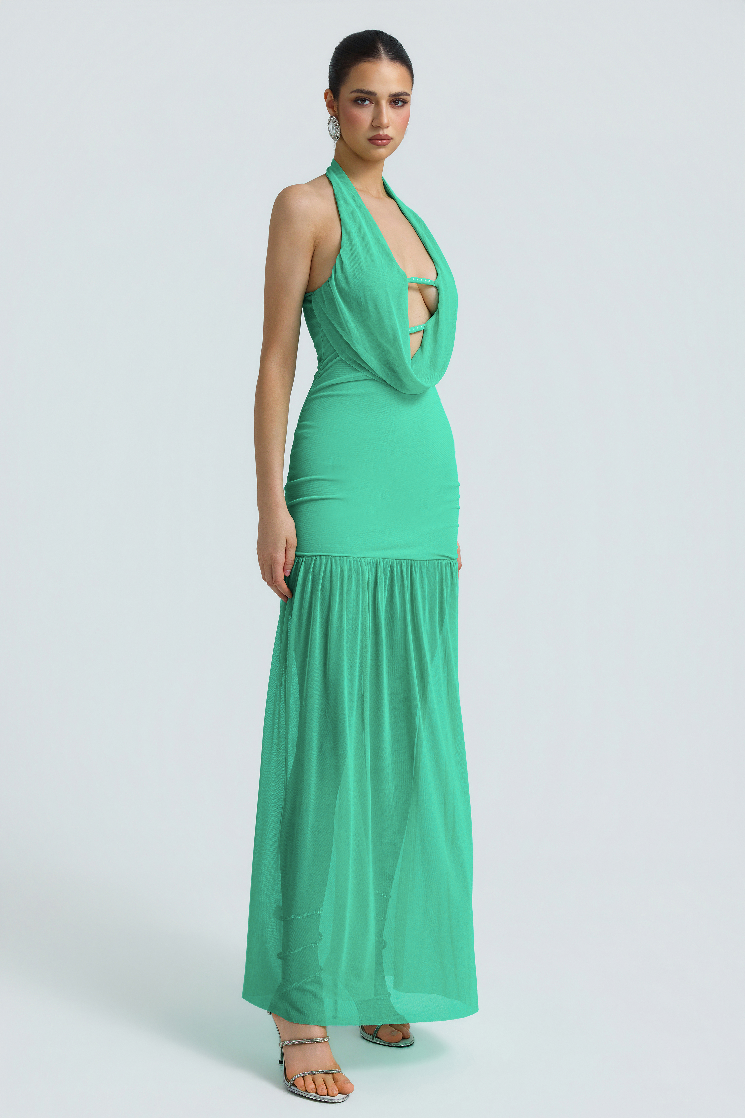 Mesh Swing Collar Backeless Maxi Dress